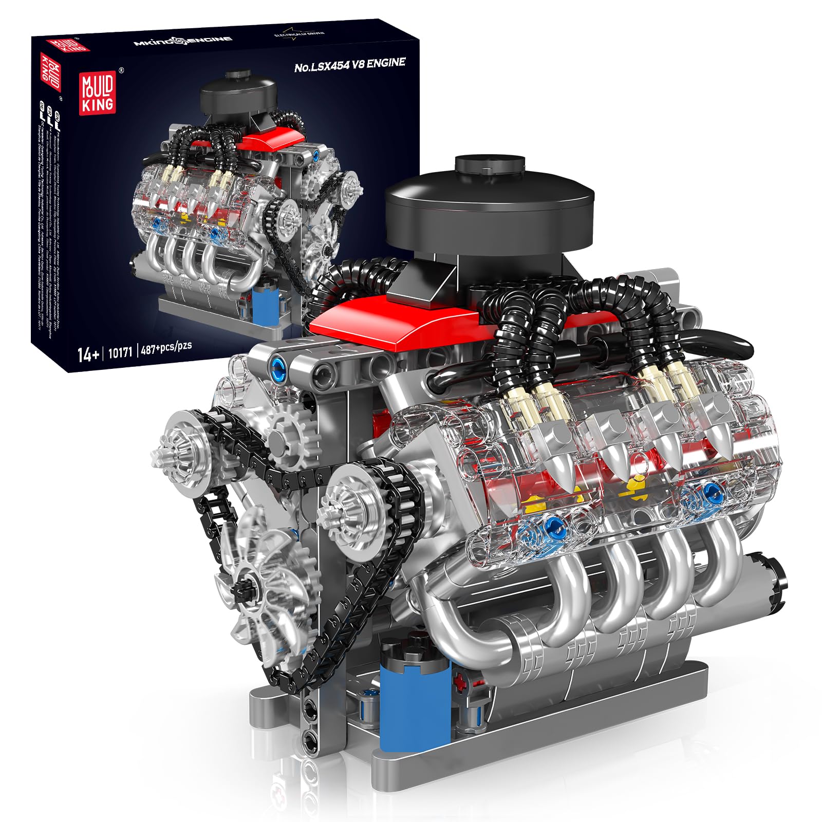 Mould King V8 Engine Building Blocks Sets, 10171 MOC Scale Model Kit with Battery and Motor, Collectible Set for Adults, Construction Toys for Teens(487 Pcs)