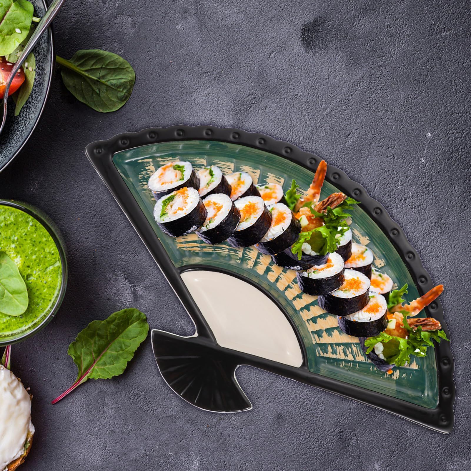 IMIKEYA Assiette de Sushi Sectorielle en Céramique Verte, Style Japonerie