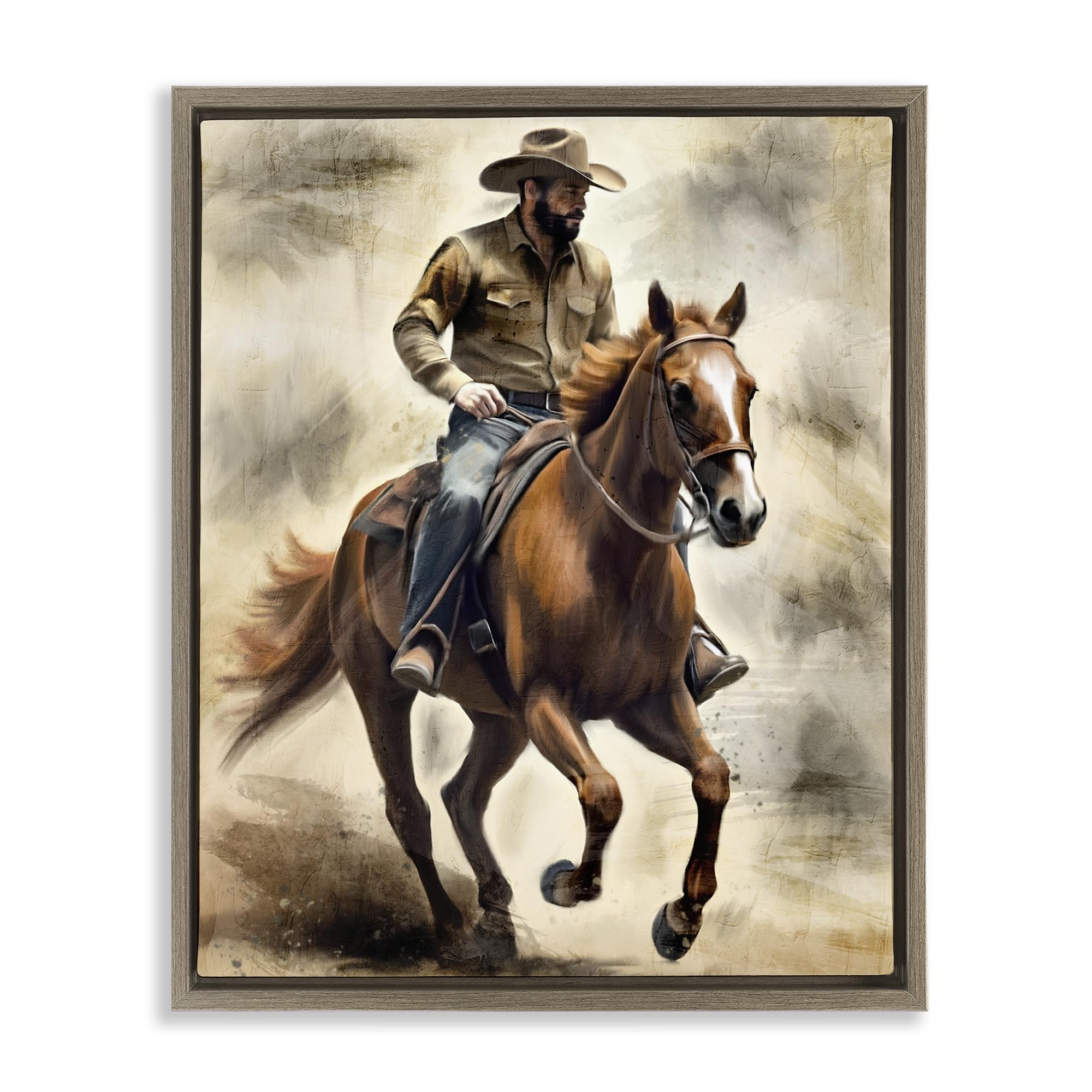 Stupell Industries Montalcino Elm (Textured) 'Gallop Horse & Cowboy', Floating Frame Canvas Art, Brown, 25 X 31 Inches, Easy To Hang And Sturdy, Made In Usa, By Kim Allen