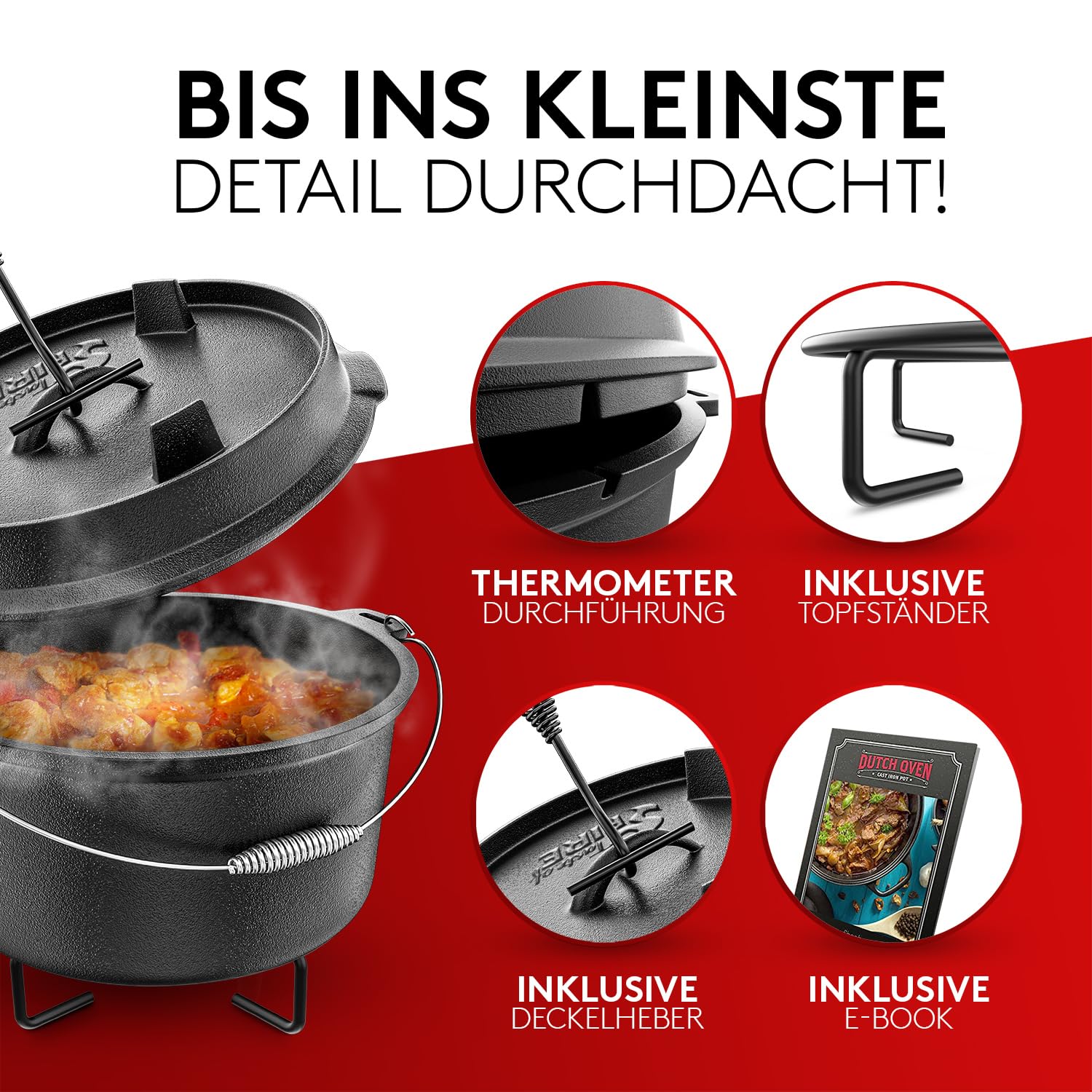 Horno holandés para barbacoa [el original] – 10,8 litros de horno holandés con soporte para ollas y tapa de 2,2 litros con doble función además se puede utilizar como sartén para barbacoa, incluye