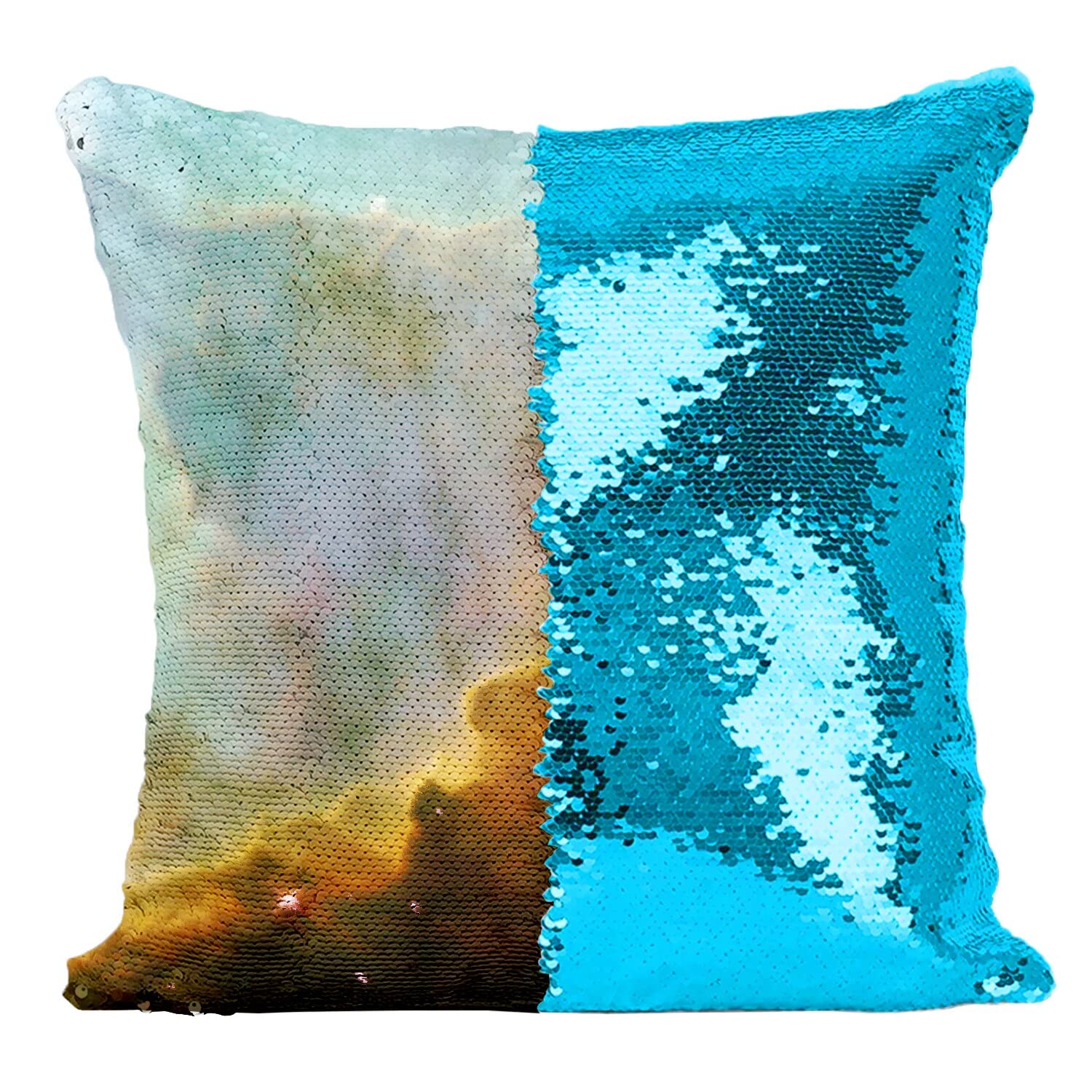 Coussin Sequin Paillettes Turquoise Graphique Nébuleuse d'Oméga