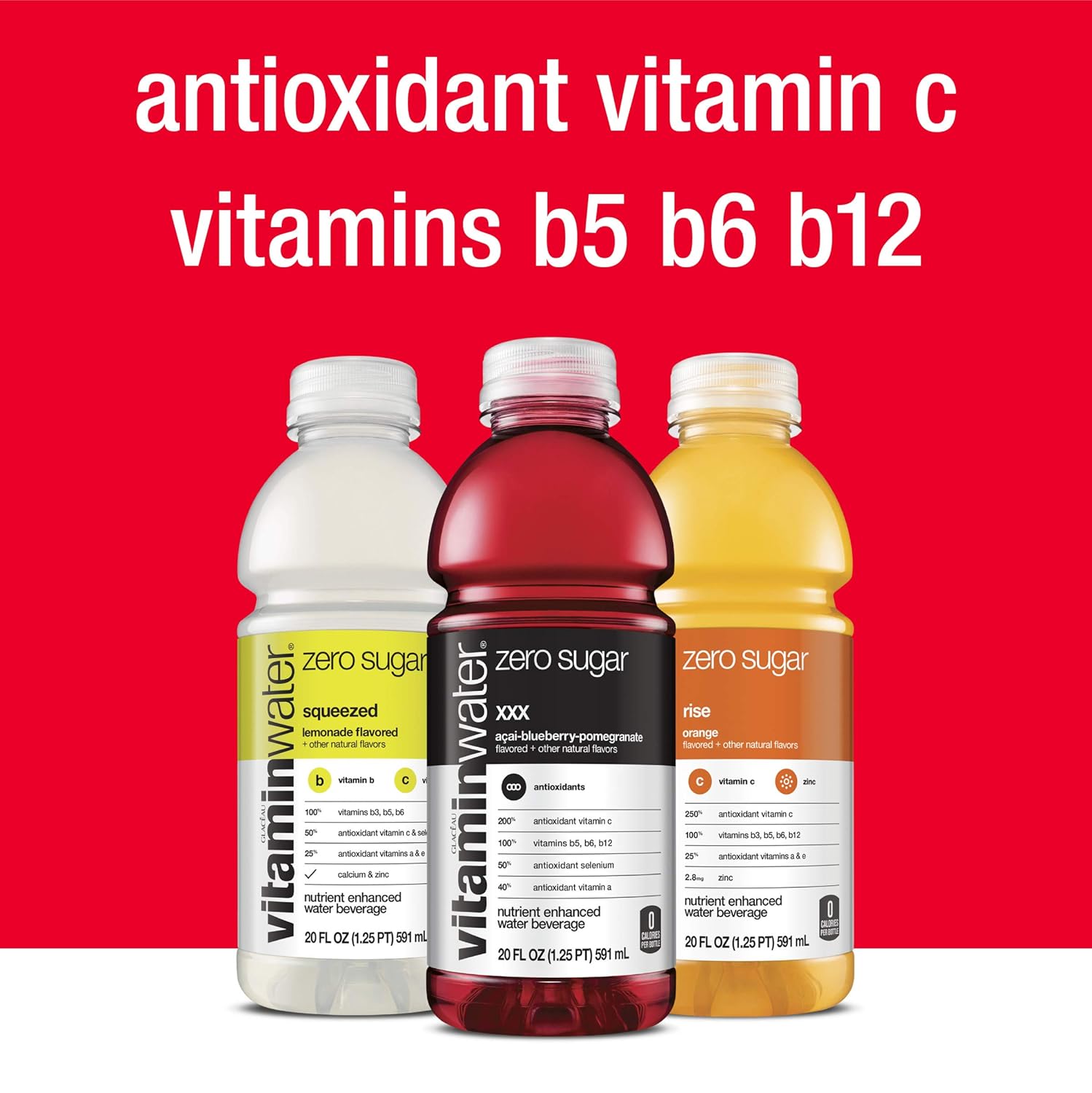 VitaminWater ZERO Sugar | 3 Flavor Variety Pack - 20 Fl Oz Bottles, Nutrient Enhanced Flavored Water w/ Vitamins, Antioxidants, Electrolytes | Pack of 12 : Grocery & Gourmet Food