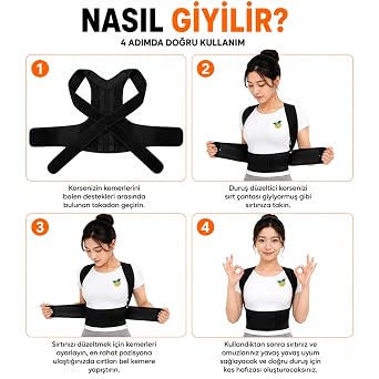 Unisex Dik Duruş Destek Korsesi, Çift Balenli Sırt Omuz Destekleyici Postür Korsesi, Ayarlanabilir Cırtlı - Elilom CEKU