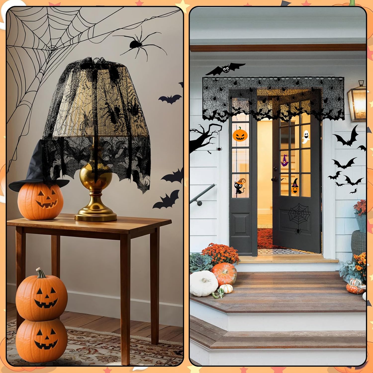 2 PCS Halloween Lamp Shade Cover Decoration, Halloween Spider Web Lampshades Cover, 20" x 60" Black Lace Window Door Fireplace Mantle Scarf Covers Indoor Party Supplies for Halloweens Party Decoration