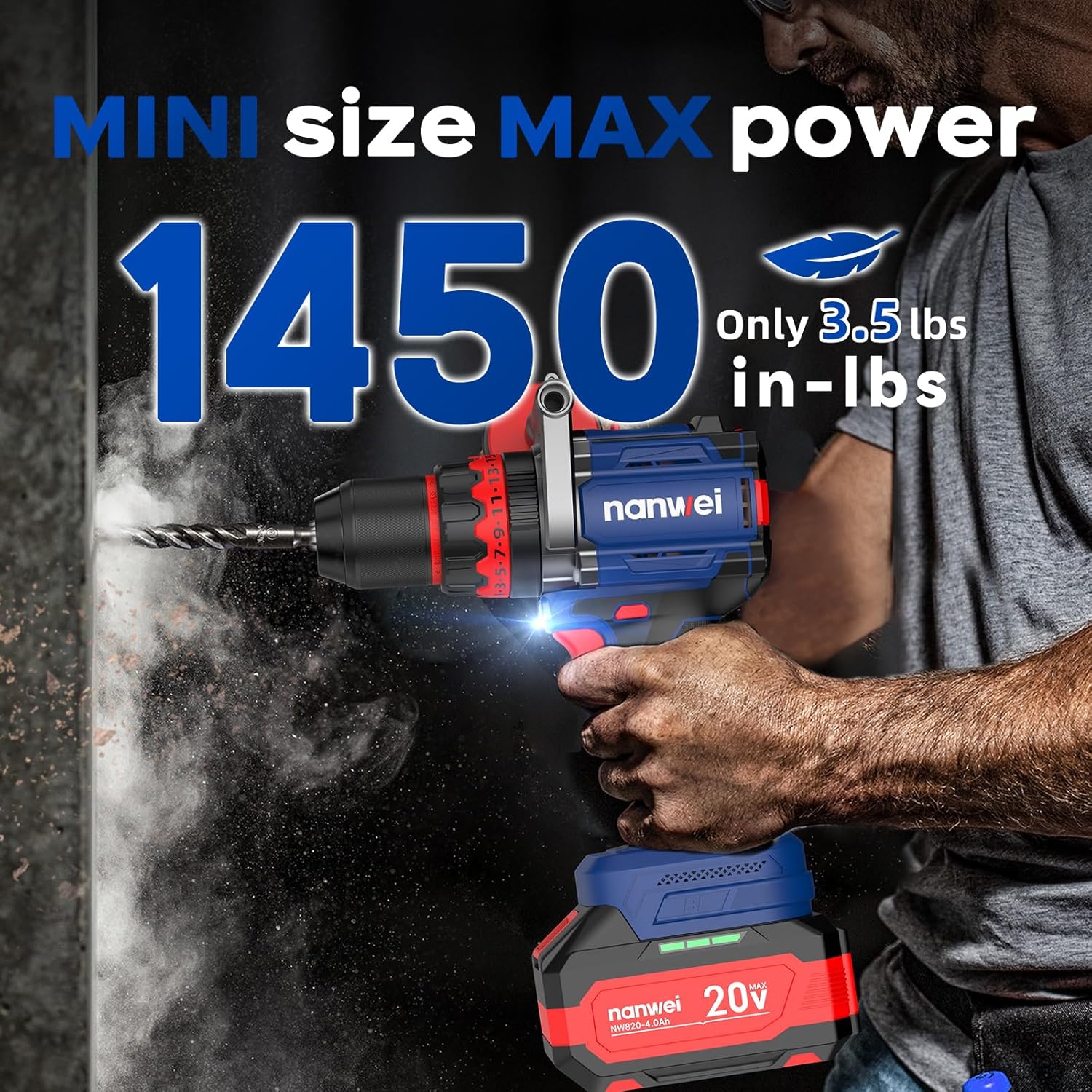 NANWEI Hammer Drill,1450in-lbs,26000BPM,1/2" Keyless Metal Chuck,20+3 Clutch,2x4.0Ah Batteries,20V Brushless Cordless Impact Drill Kit for Drilling Brick Wall, Metal, Wood,Concrete