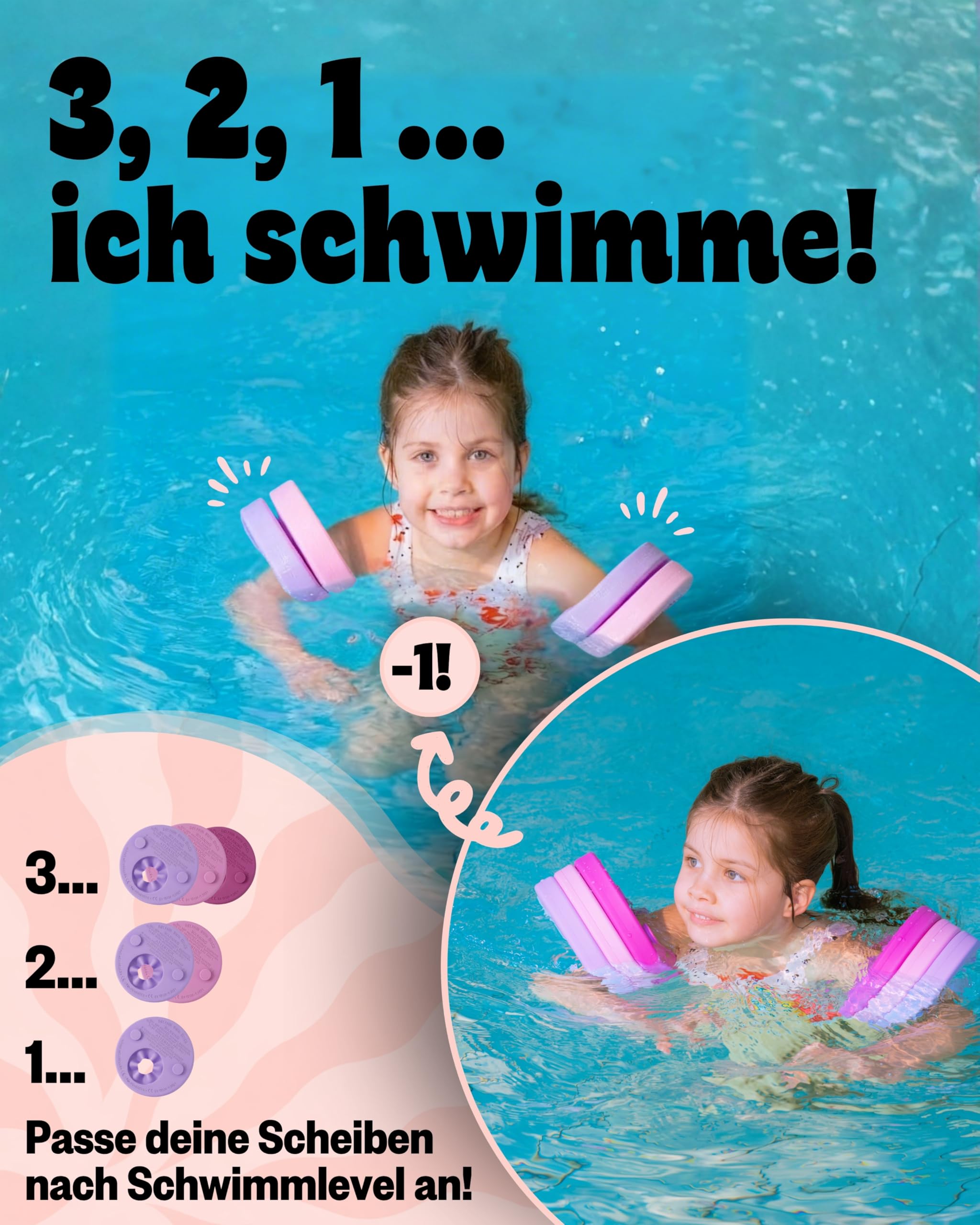 TÜV geprüfte Schwimmlernhilfe für Kinder 1–8 Jahre mit Sportbeutel