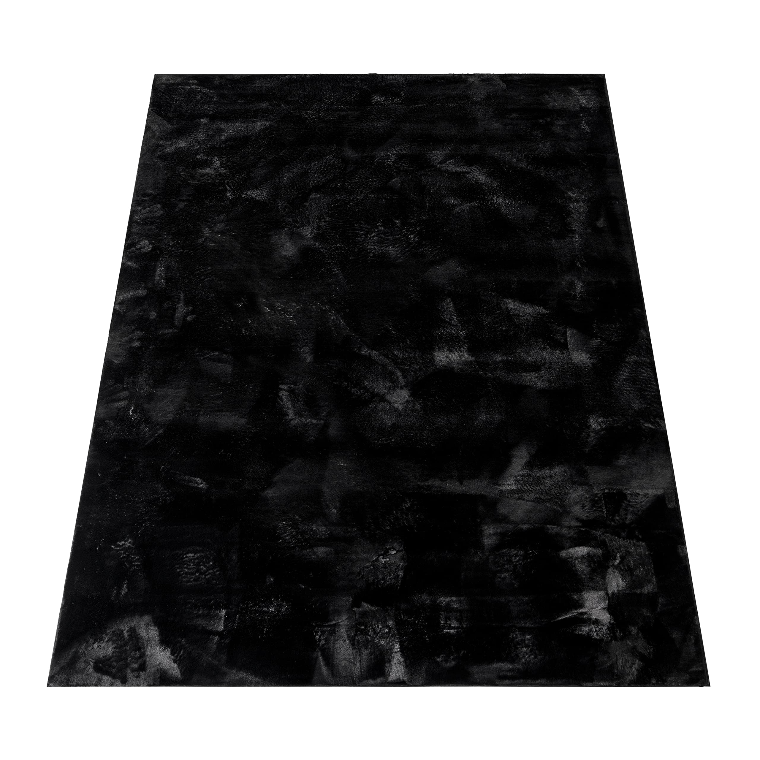 Paco Home Teppich Wohnzimmer Schlafzimmer Kunstfell Shaggy Hochflor Flauschig Soft Einfarbig Schwarz, Grösse:160x220 cm