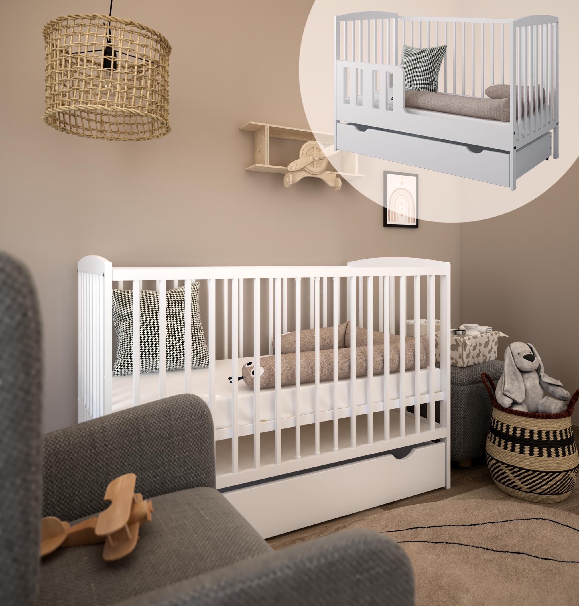zee Cuna para Bebé 120 x 60 cm Blanca con Cajón y Barandilla de Seguridad Altura Ajustable en 3 Niveles Cuna Infantil de Madera de Pino