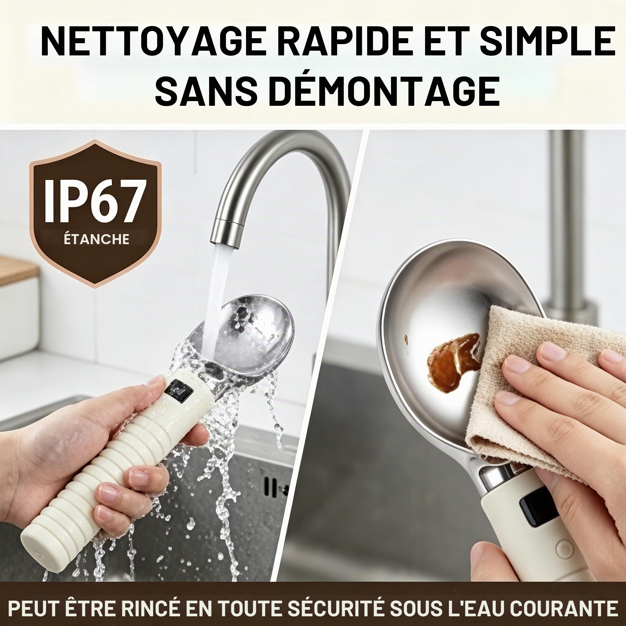 Cuillère à Glace Chauffante Rechargeable Écran LED Alliage Zinc | 2 niveaux de température, étanche IP67, alliage zinc alimentaire, charge USB-C, arrêt auto, adapté glace sorbet yaourt glacé