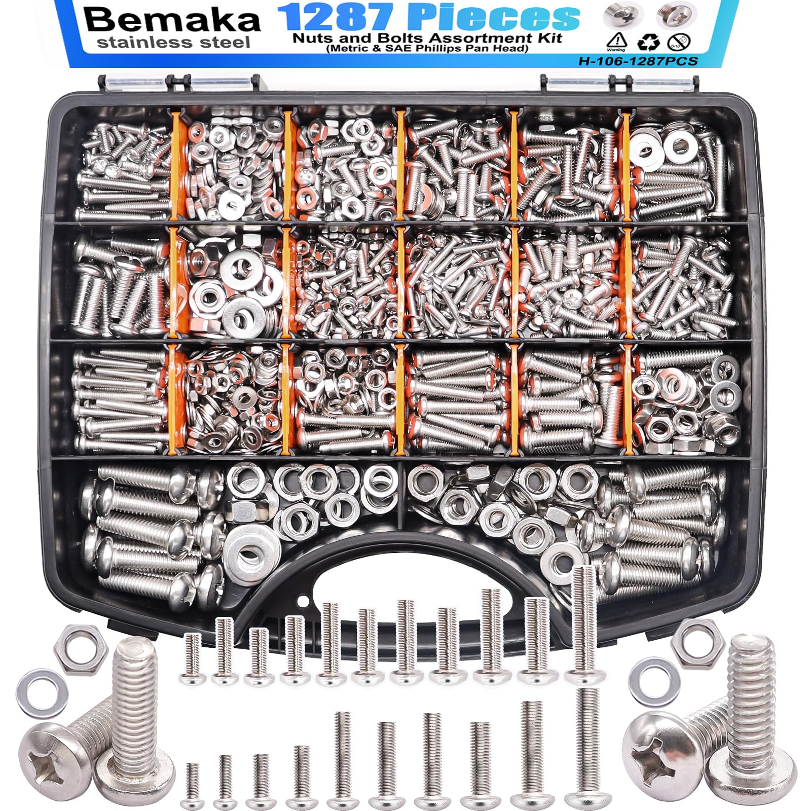 1287Pcs Nuts and Bolts Assortment Kit, 304 Stainless Steel Bolts Machine Screws Hardware Assortment Kit, Metric & SAE Phillips Pan Head Screws, Assorted Bolts, Nuts and Washers Kit