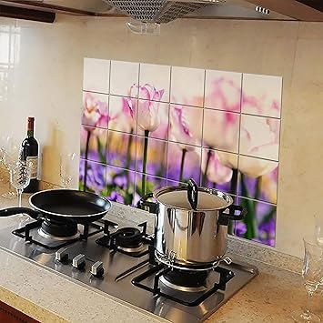 Walldesign Kitchen Protection Anti-Mark Oil Proof Easy Clean Plastic Wall Stickers Pink Tulips (PVC Vinyl, 80 cm X 54 cm)