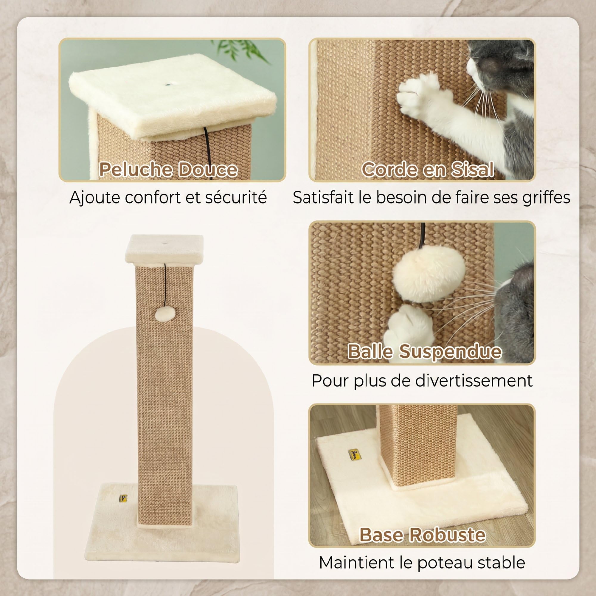 PawHut Griffoir pour Chat 81 cm Base Stable 41 x 41 x 81 cm Beige