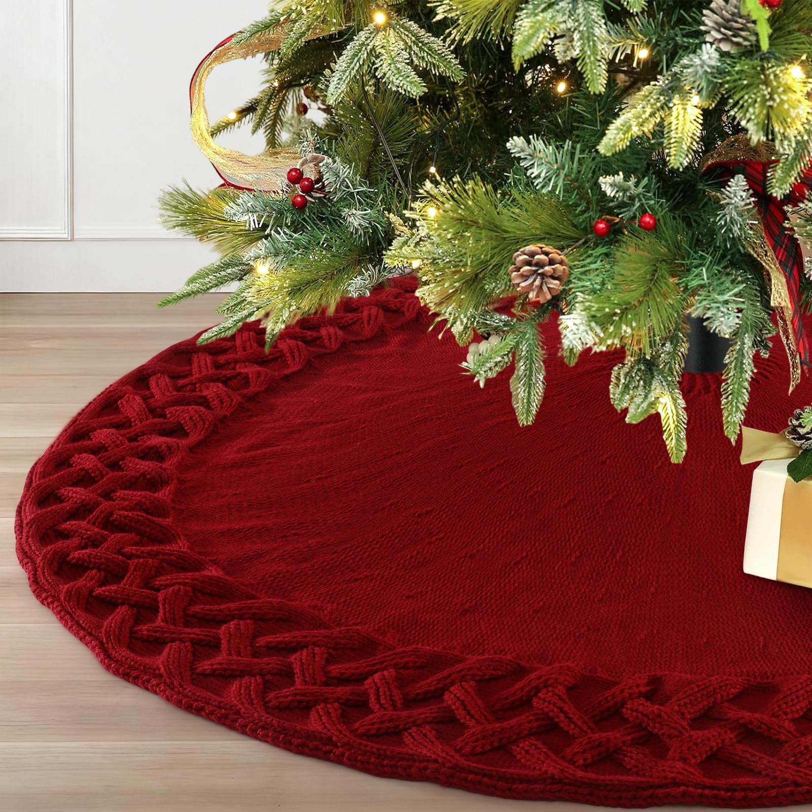 Dremisland Große Weihnachtsbaum Decke Rock 122cm Rot Gestrickter Weihnachtsbaumdecke Tannenbaum Teppich Christbaumständer Runde Christbaumdecke Rock Matte Baumdecke Christbaumschmuck Weihnachtsdeko