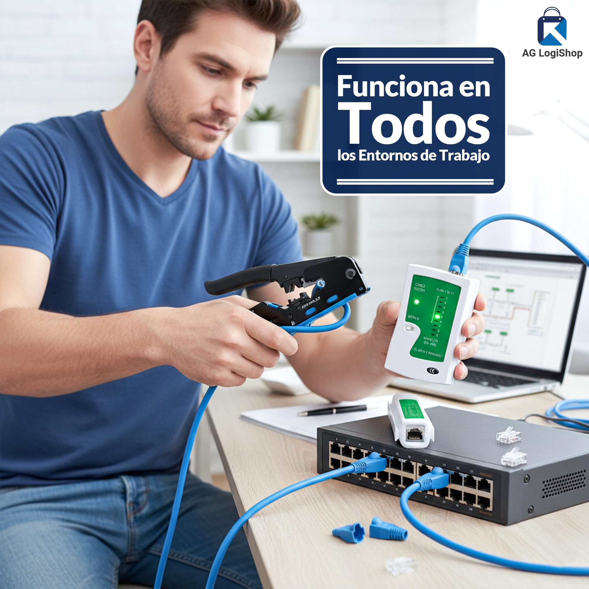 AG LogiShop Kit Herramienta de Crimpado RJ45 + Alicates + Pelacables + Comprobador de Conexión + 50pc Conectores + 50pc Fundas + Bolsa de Almacenamiento | Cat5/5e/6/7 + 6P/8P
