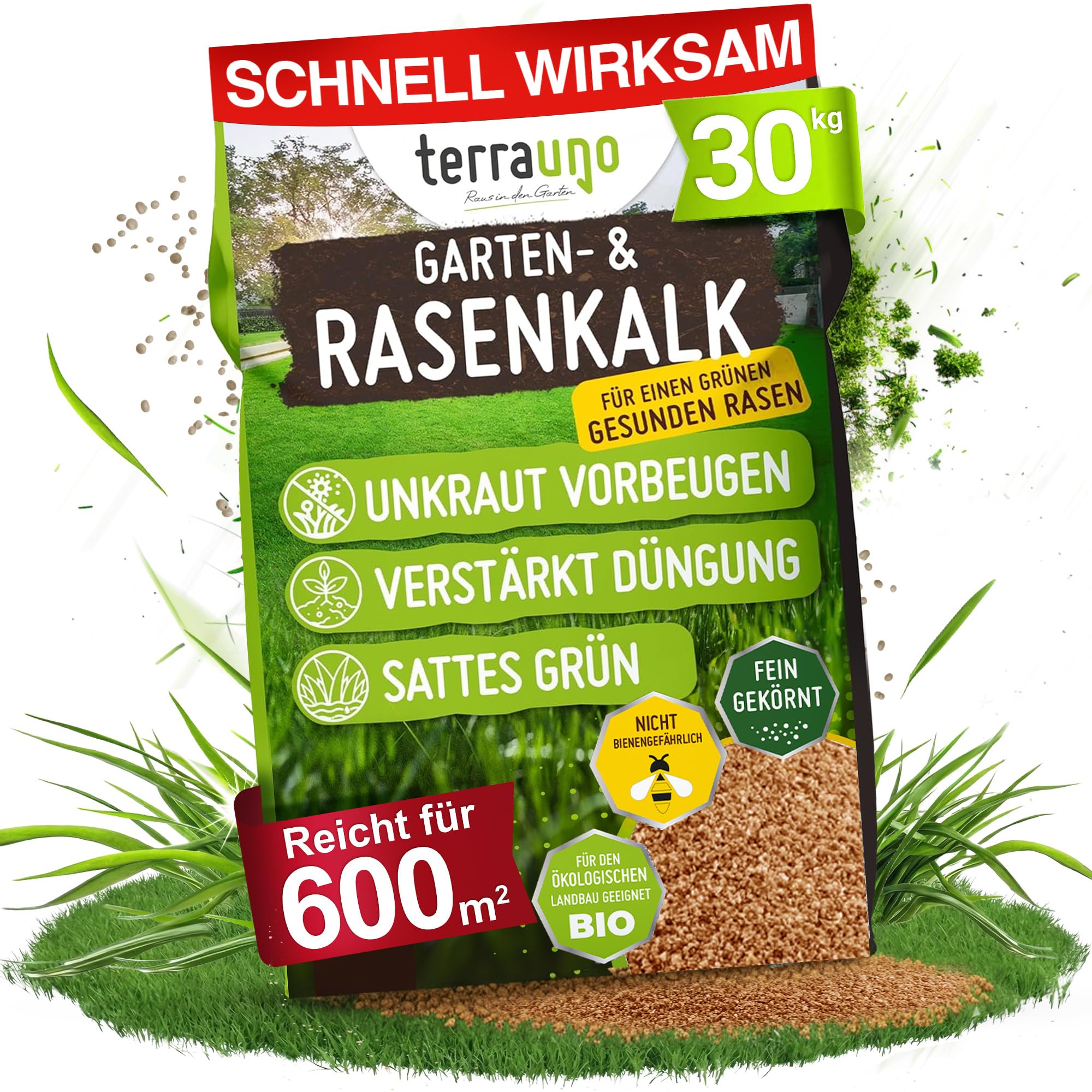 TerraUno Rasenkalk Frühjahr & Herbst, bei Moos und Unkraut im Rasen, verstärkt die Düngung, verbessert pH-Wert & Bodenstruktur, 30 kg für 600 m², extra fein, ideal für Streuwagen, tierfreundlich