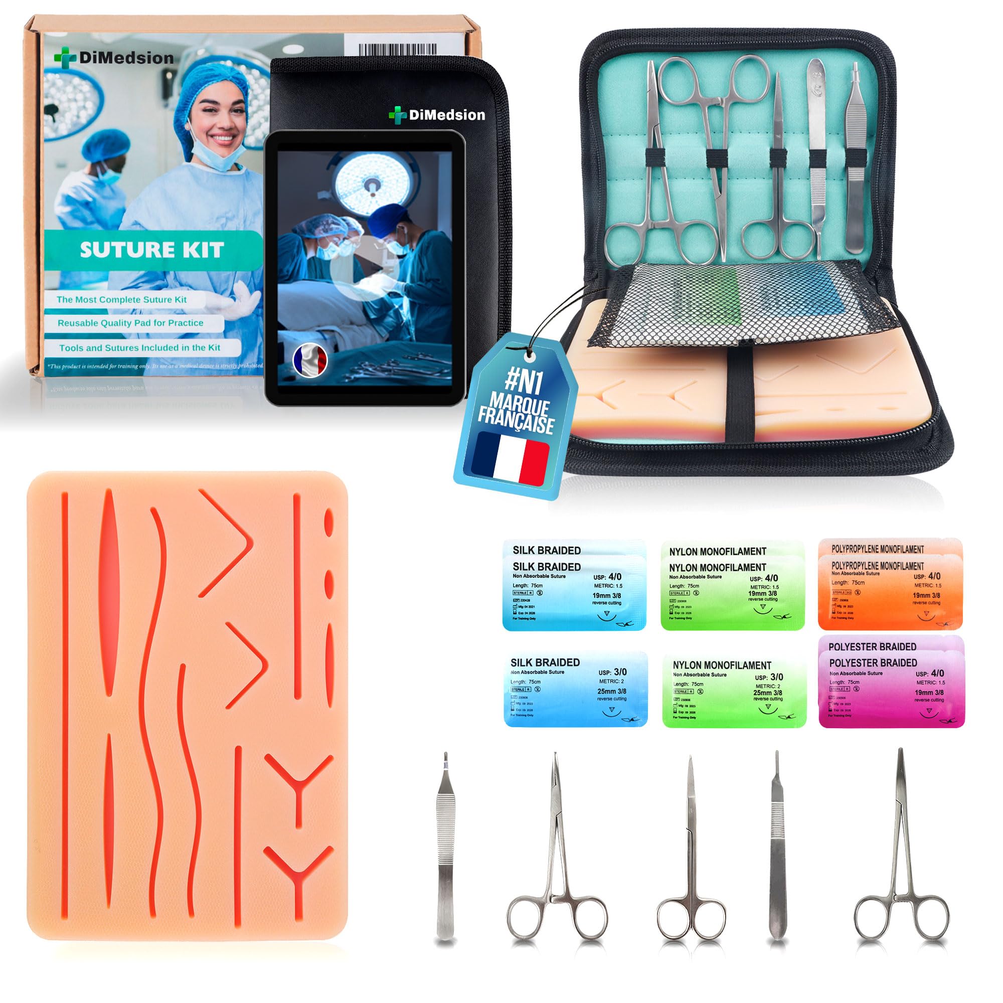 Kit de suture avec coussinet réaliste | Kit de suture chirurgicale complet, kit de suture infirmière, kit de suture chirurgicale pour pratiquer, kit sutures pour étudiants