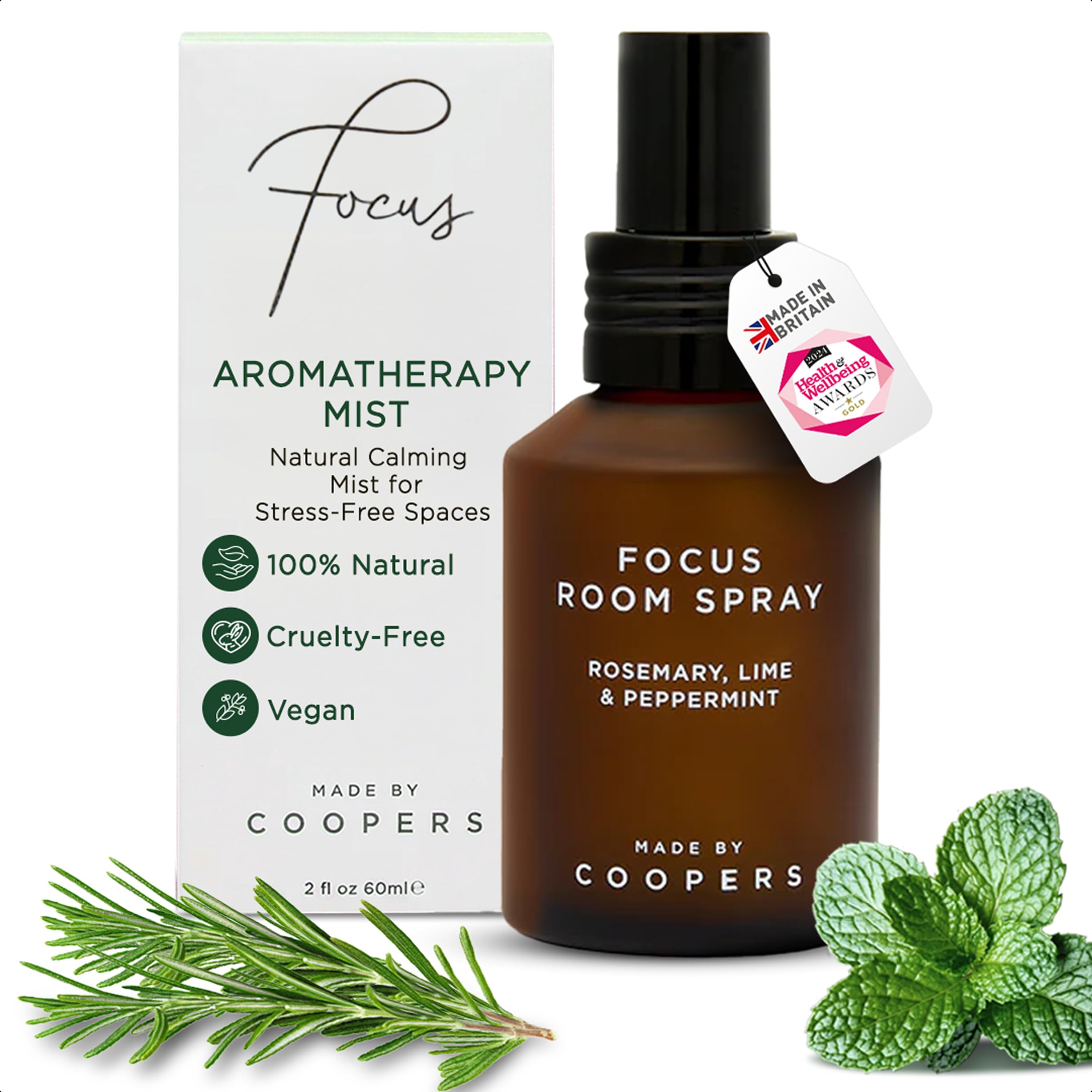 Made by Coopers Focus Room Spray | Natural Air Freshener with Essential Oils | Energising Aromatherapy Blend with Lime, Mint & Rosemary | Vegan & Cruelty Free | 60ml Glass Bottle