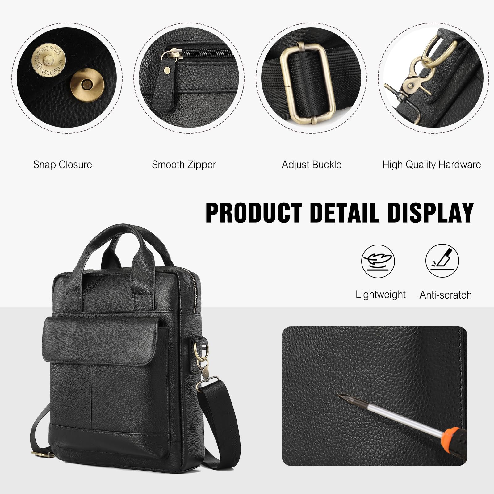 FANDARE Skórzana męska torba crossbody biznesowa torba listonoszka na ramię mała teczka torby boczne wiele kieszeni tornister torby na niezbędne rzeczy do pracy, podróży, codzienne dojazdy do pracy