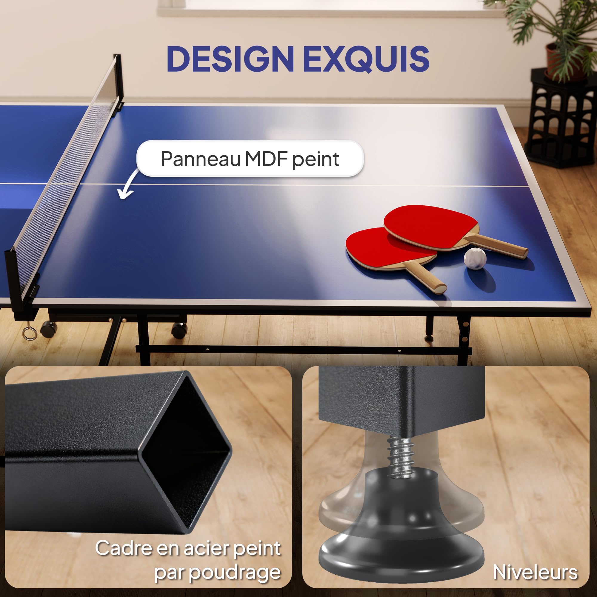 SPORTNOW Table de Tennis de Table, Table de ping-Pong Pliable, compacte, avec 4 roulettes, pour intérieur, 274 x 152,5 x 75,5 cm, Bleu