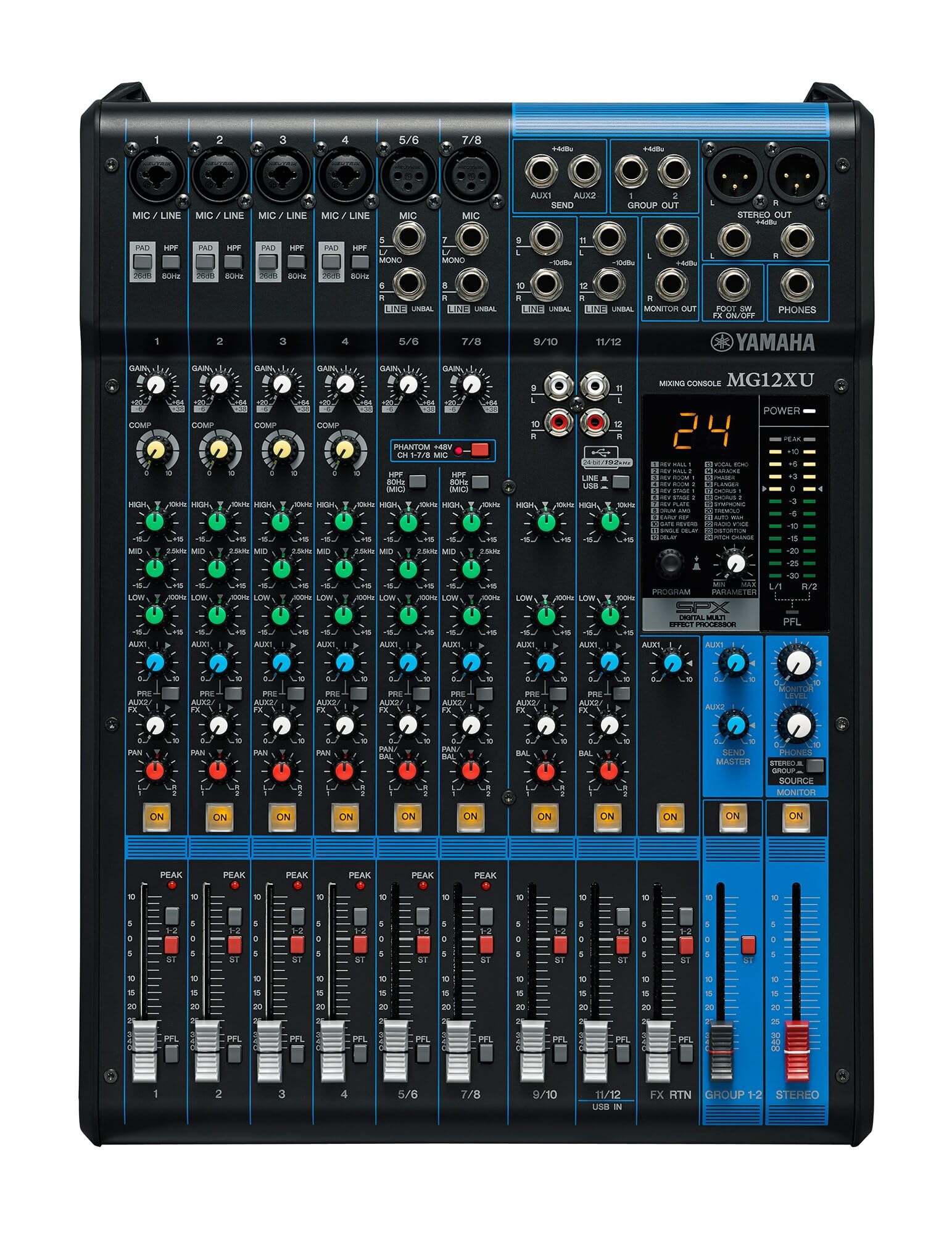 Yamaha MG12XU Mixing Console - Compact mixer with 12 input channels, SPX digital effects, USB audio functions and D-PRE mic preamps