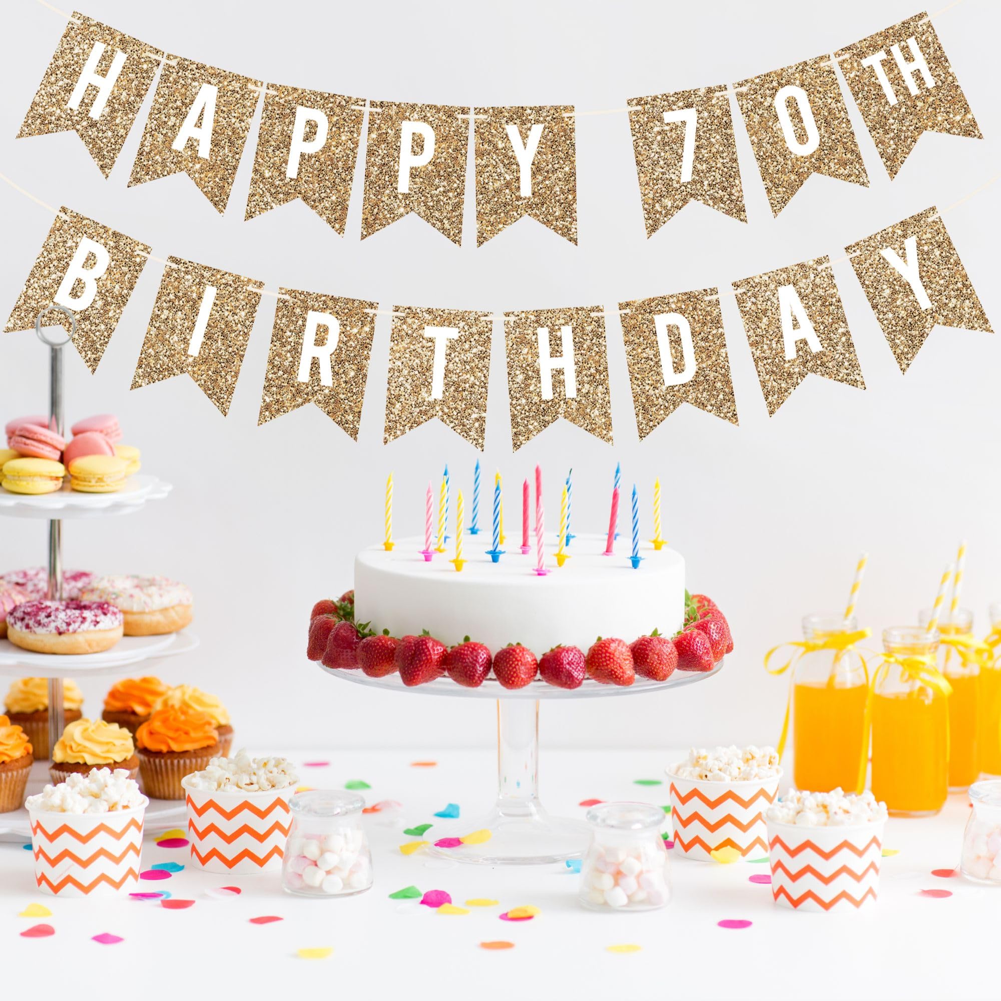 Wstępnie nawleczony baner Happy 70th Birthday - NO DIY - złoty brokat baner na przyjęcie na 70. urodziny dla mężczyzn i kobiet - wstępnie nawleczona girlanda na żyłkach 1,8 m - złote dekoracje i