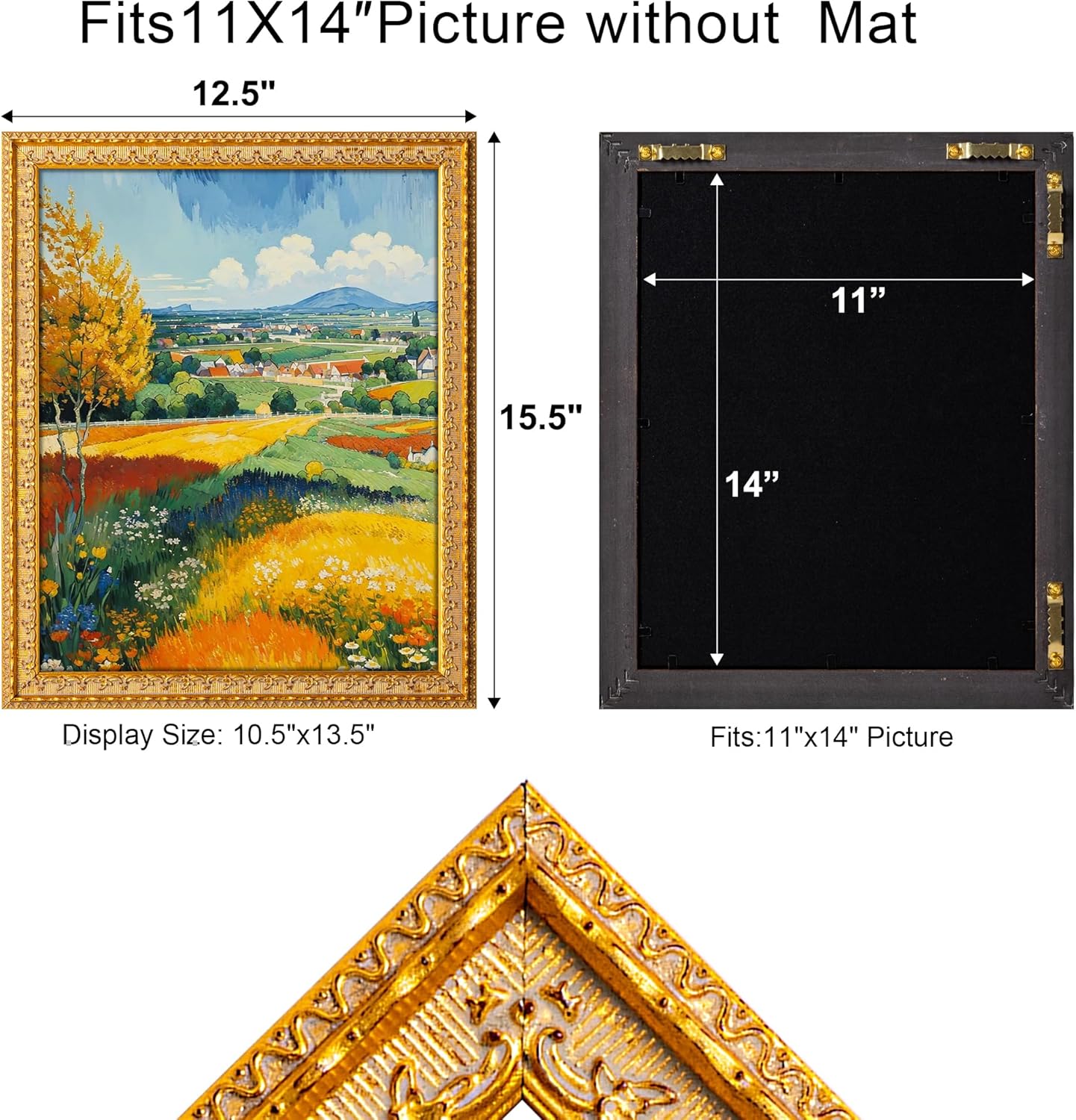 artxo 11x14 picture frame gold - vintage photo frame 11 by 14, retro home decor wall hanging gallery frames, ornate raised poster frame 14×11 for vertical & horizontal display bright gold 11"x14"