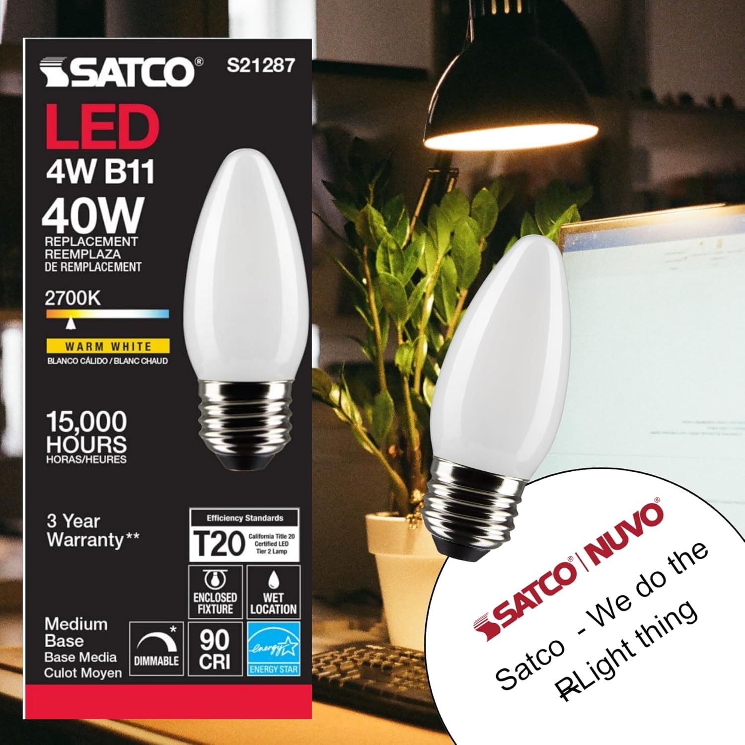 Satco S21287 4 Watt B11 LED Light Bulb, Frost, Medium Base (E26), 90 CRI, 2700K Warm White, 120V, Dimmable, 350 Lumens (2 Pack)