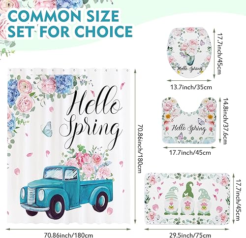 Miniatura 2 de Juego de 4 cortinas de ducha rosa con tapete antideslizante para baño camión de resorte cortina de ducha floral con mariposas juego de alfombras