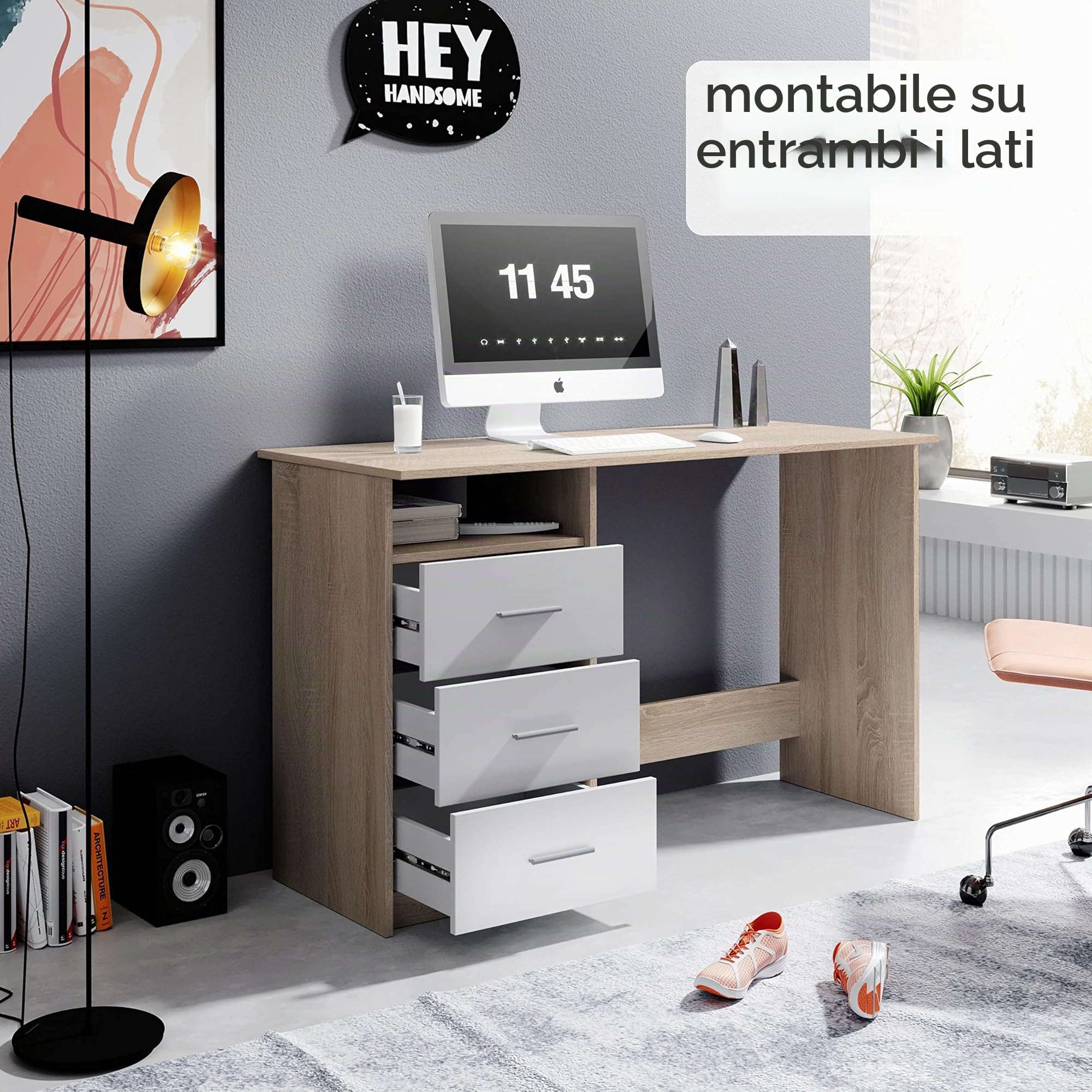 Stella Trading ADRIA, Scrivania con cassetti, finitura simil rovere Sonoma, bianco, pratica scrivania da ufficio con ampia superficie di lavoro, 120 x 76 x 50 cm (L x A x P)