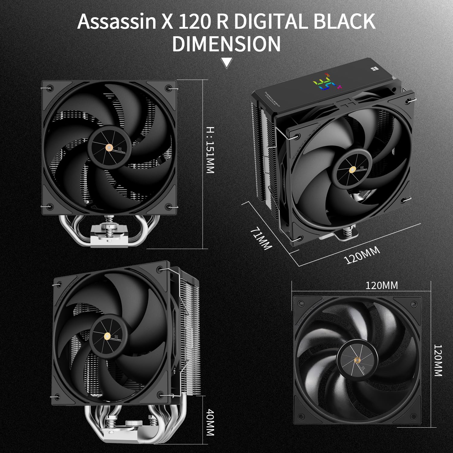 Thermalright Assassin X 120R Digital Black CPU Cooler, Digital Screen Top Cover CPU Air Cooler, Computer Heatsink Cooling, 2000RPM Speed, Support for AM4/AM5,Intel LGA1851/1700/1150/1151/1200