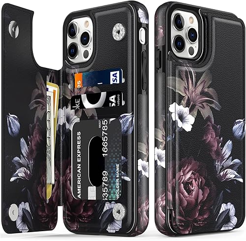 LETO Funda para iPhone 15 Pro con tapa tipo folio de cuero, diseños de flores de moda, ranuras para tarjetas, función atril, funda protectora para disponible en Yaxa Peru