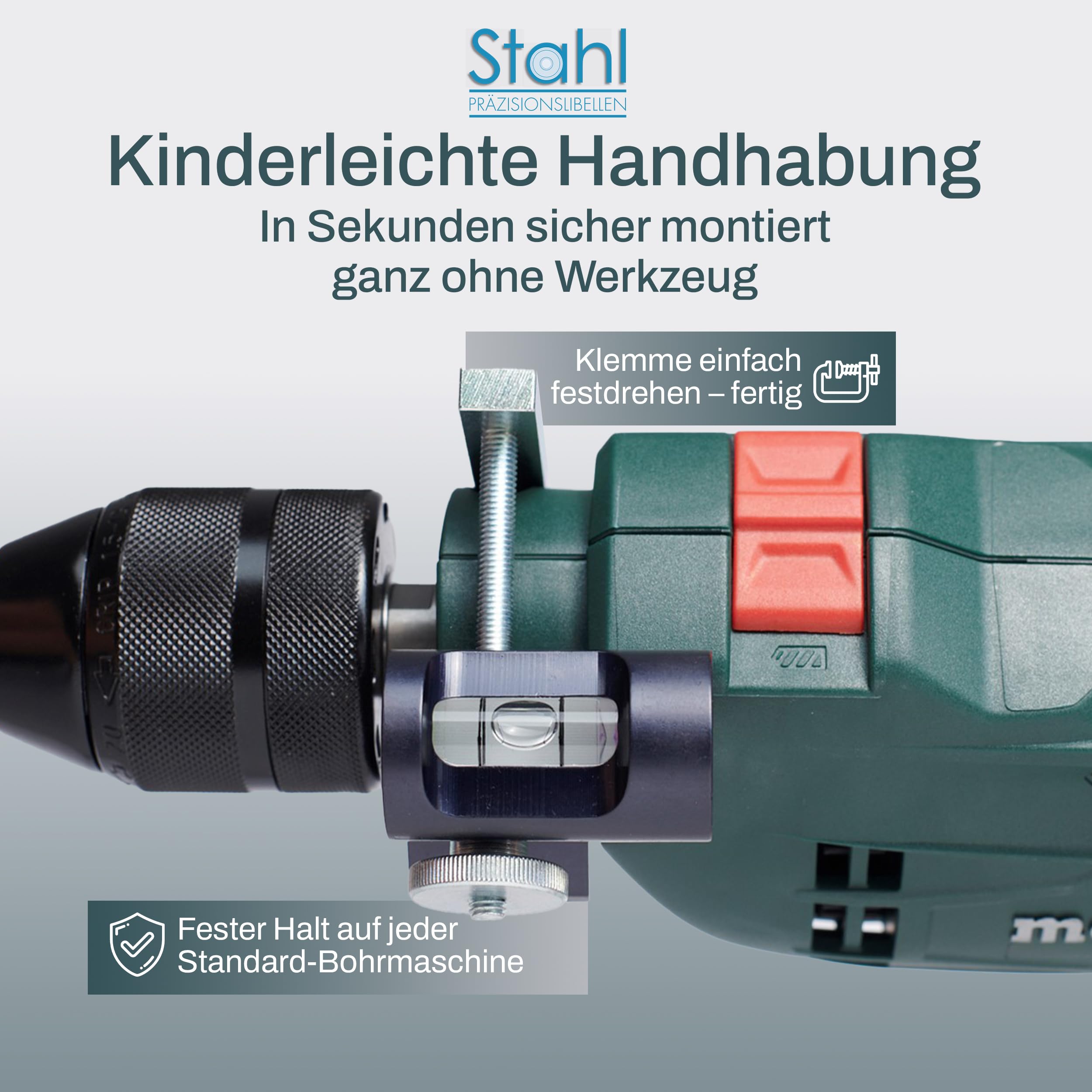 Bohrmaschinen Wasserwaage – für exakte Bohrlöcher – Bohrmaschinen-Wasserwaage mit Rund- & Längslibelle für Bohrmaschine – Made in Germany
