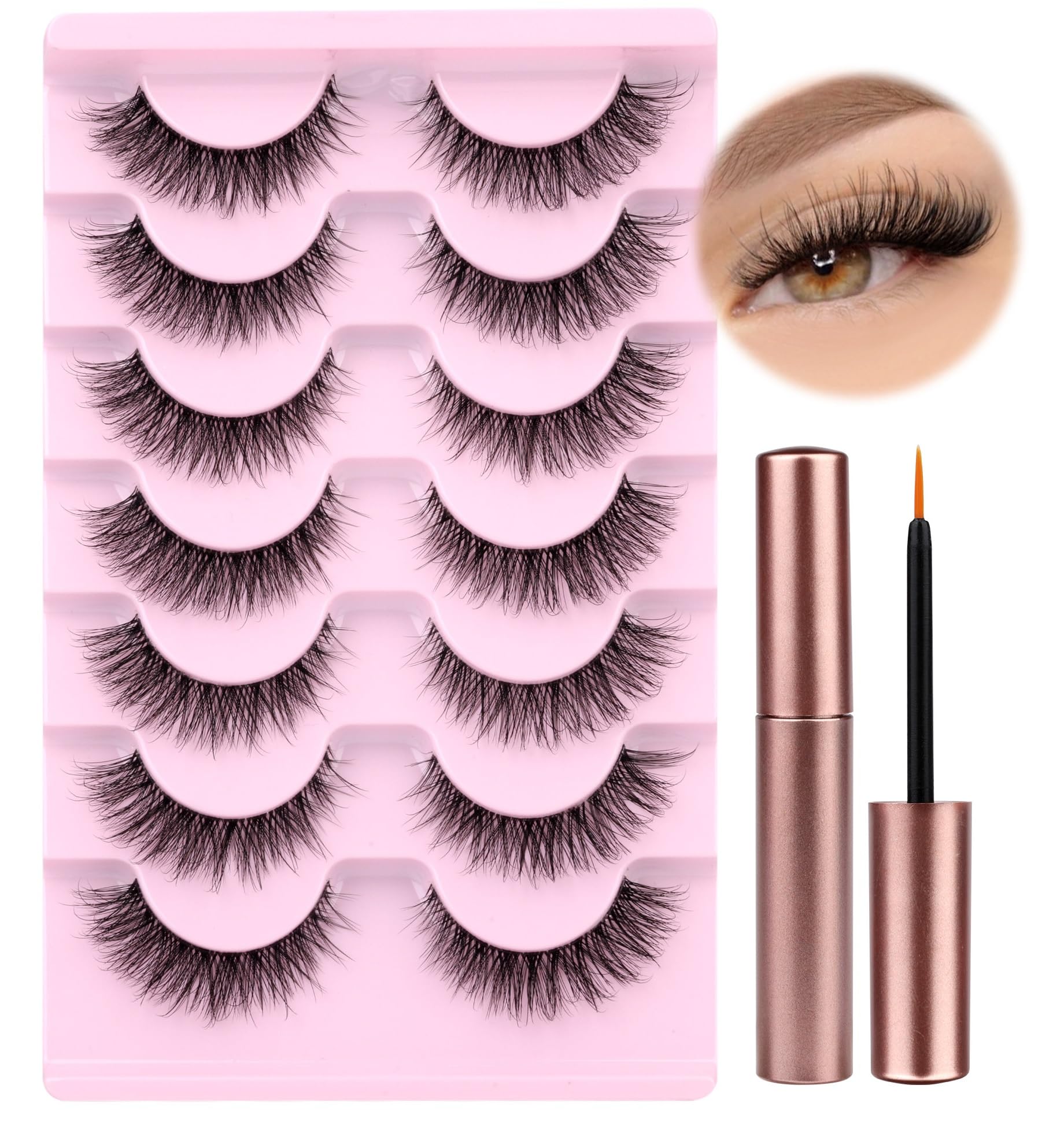Wiwoseo Natural Wispy Fluffy Cat Eyes Mink Lashes With Glue Kit - Clear Band Russian Strip Eyelashes - Natural Look False Eyelash Extension - D Curly 7 Pairs Pack