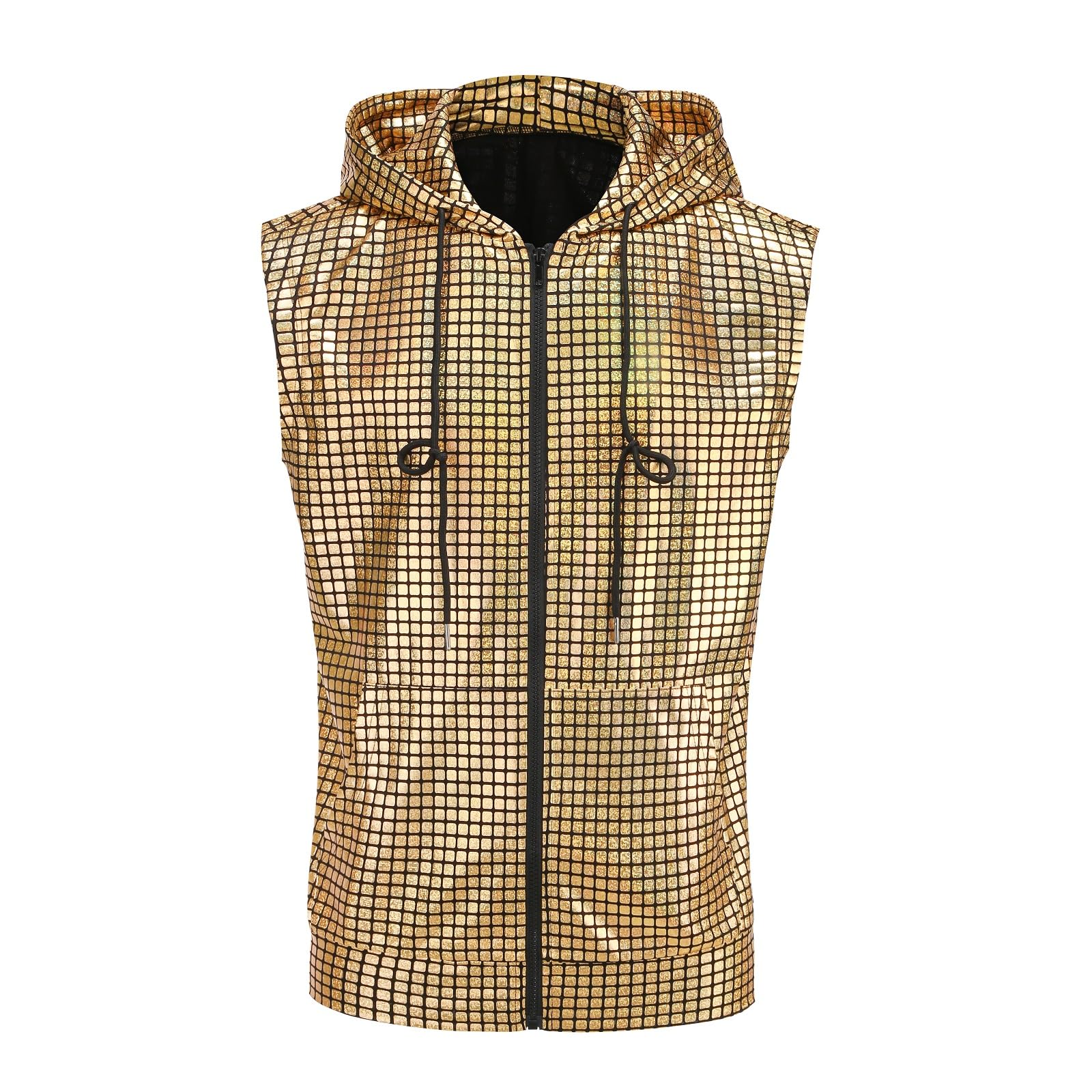 Colorful House Mens Hipster Metallic Zip Up Sleeveless Sequin Hooded Vest Men's 70s Costume T Shirt with Pocket