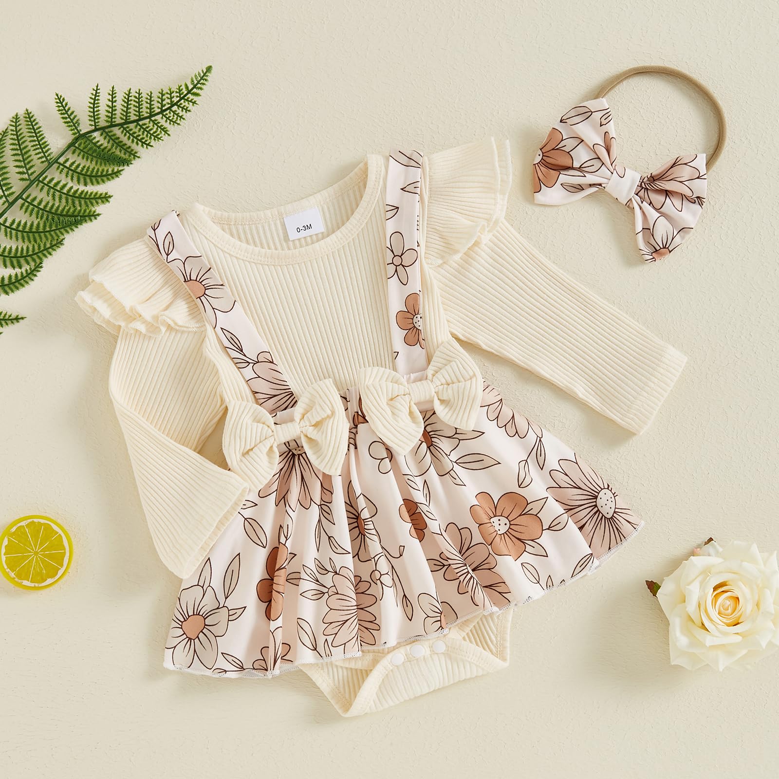 Lnzyyephy Baby Girl Fall Outfit Newborn Floral Romper Dress Infant Ruffle Long Sleeve Ribbed Bodysuit Winter Clothes Set (Floral-Apricot, 0-3 Months)