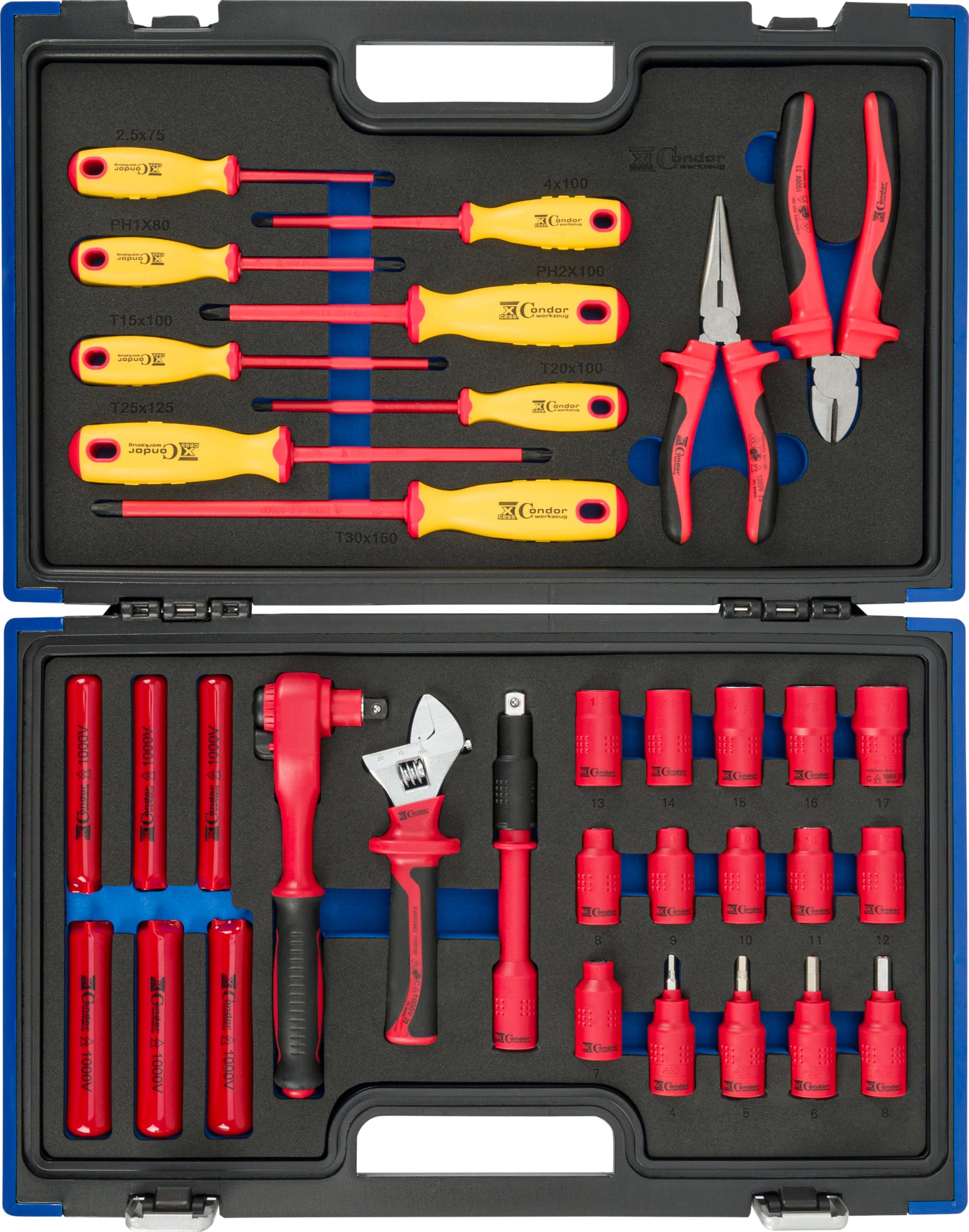 Condor Werkzeug 30034 | VDE Werkzeugkoffer | 34-teilig | 3/8" | für Arbeiten bis 1.000V | ideal für Reparatur- und Wartung von Elektrofahrzeugen | DIN ISO EN 60900 | xcess performance