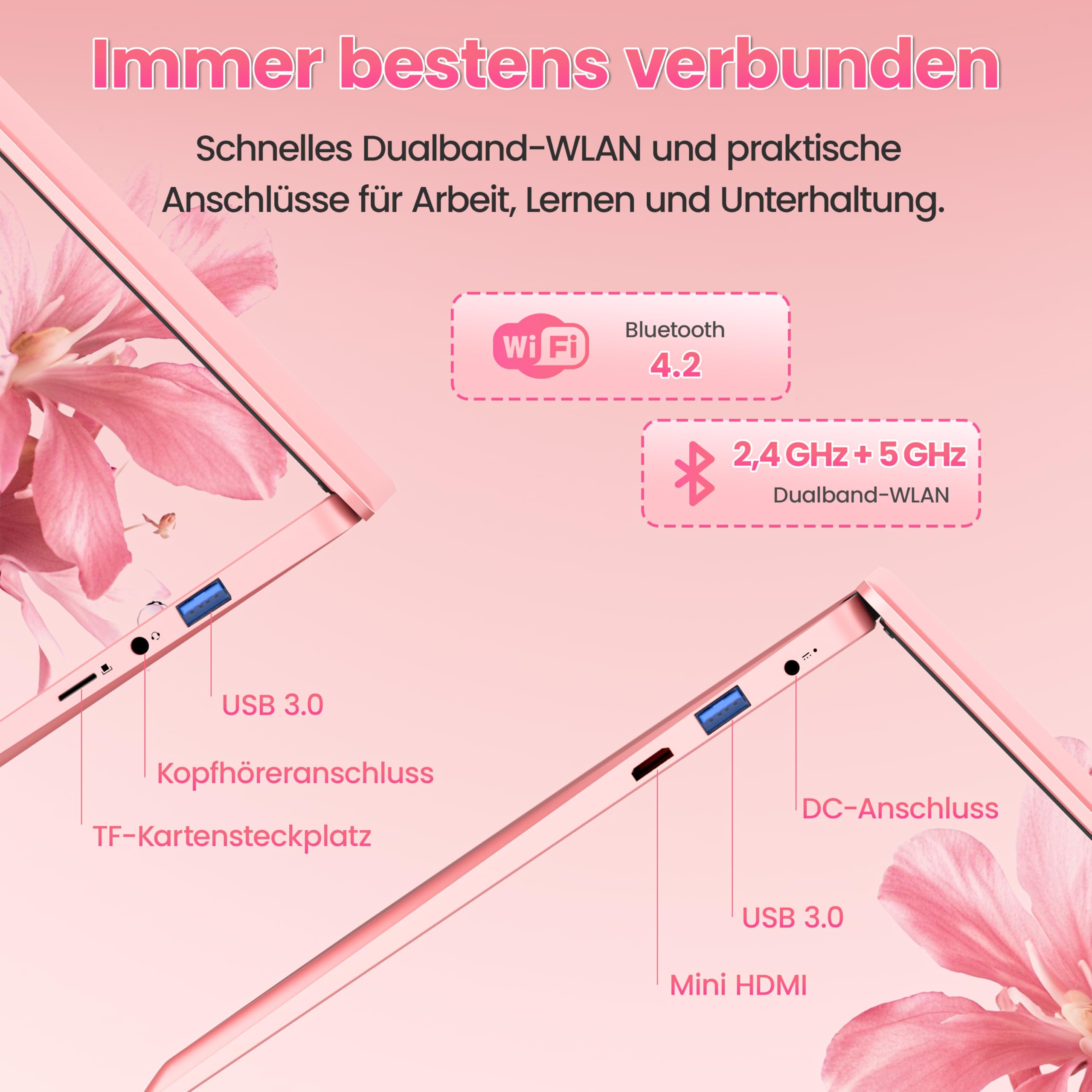 14 Zoll Laptop, 8GB RAM, 128GB SSD, Celeron J4105 bis zu 2,5 GHz | FHD Display, Webcam, WiFi, USB 3.0 x2, Mini-HDMI, ultradünnes Notebook für Anfänger und Studenten, inkl. DE Tastaturabdeckung