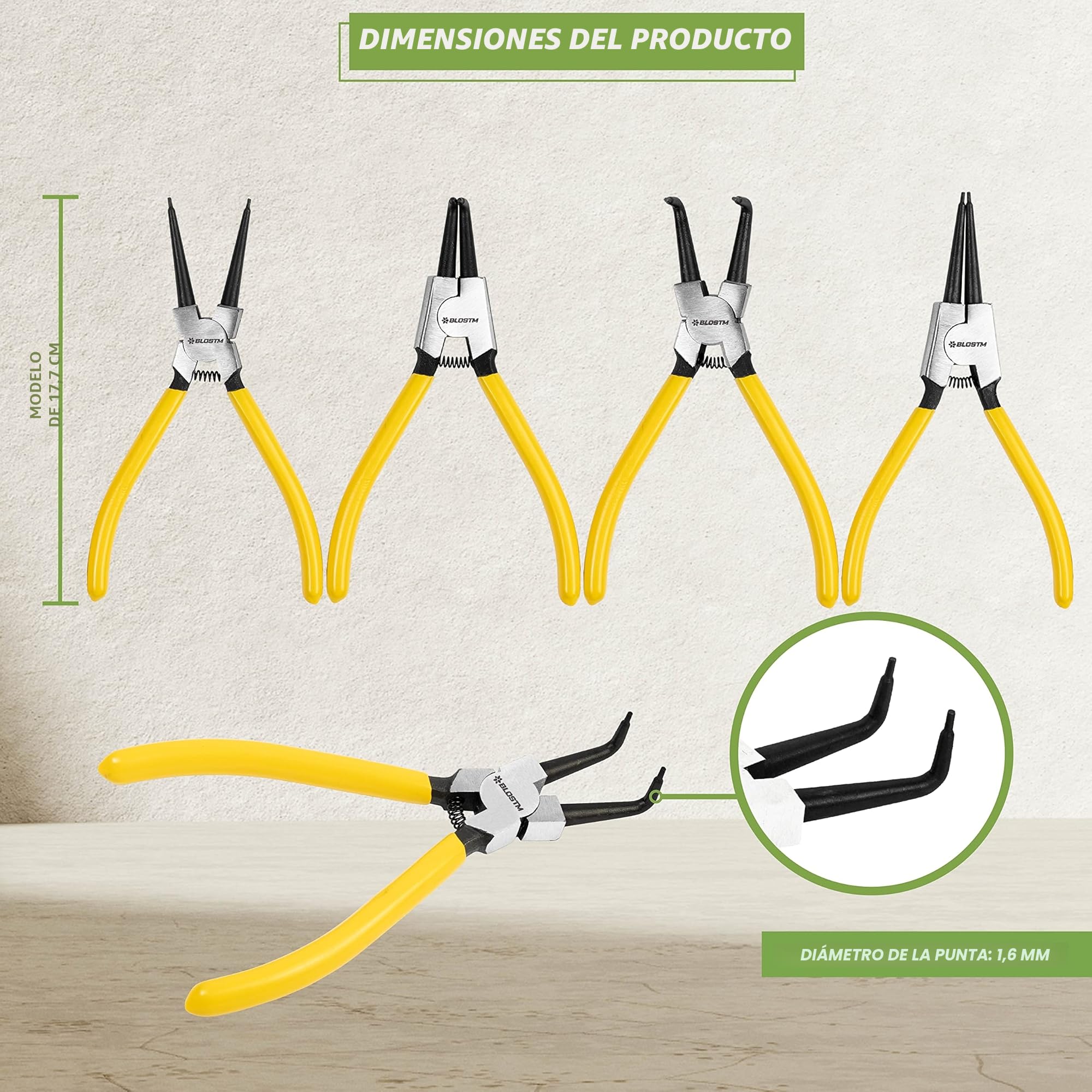 BLOSTM Juego de 4 Alicates Circlip - Alicates para Anillos de Retencion - Circlips Internos y Externos de 7" - Con Resortes Duraderos, Mangos Antideslizantes y Estuche de Almacenamiento (4 Piezas)