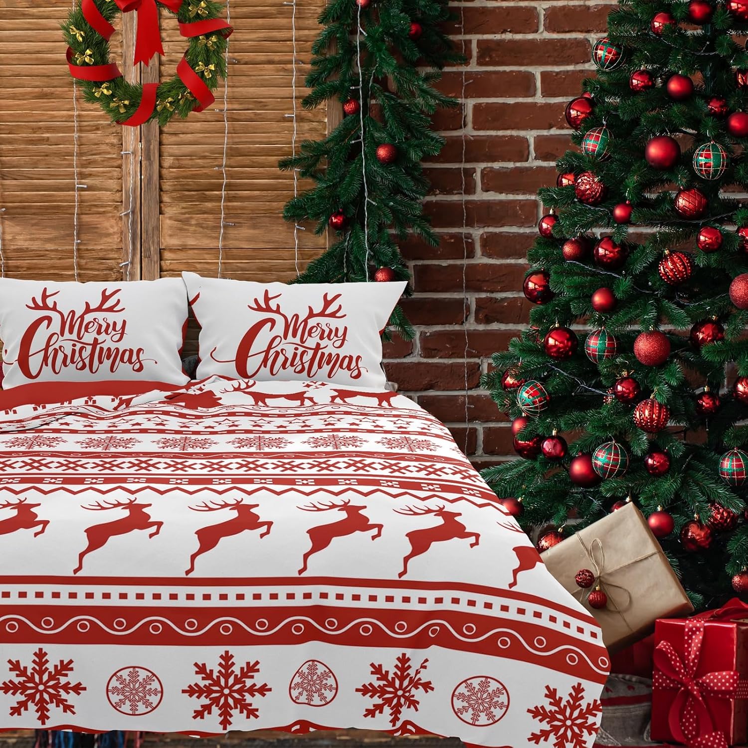 Christmas Duvet Cover king Size - Tree Reindeer Snowflakes Pattern Design Xmas Bedding Duvet Cover with Button Closure for Christmas New Year Holidays, Red 104X90 Inch Reindeer 06(no Comforter) king 104x90