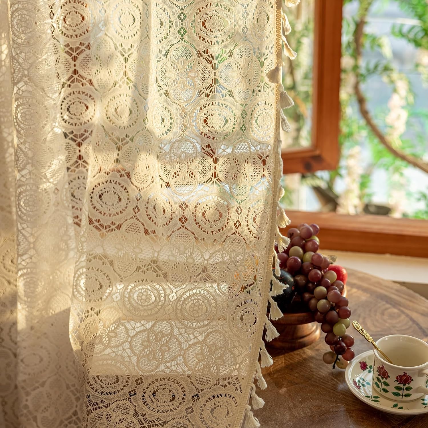 YJ YANJUN Spitzenvorhänge 132x203cm - Boho Durchsichtige Vorhänge Für Tür Fenster