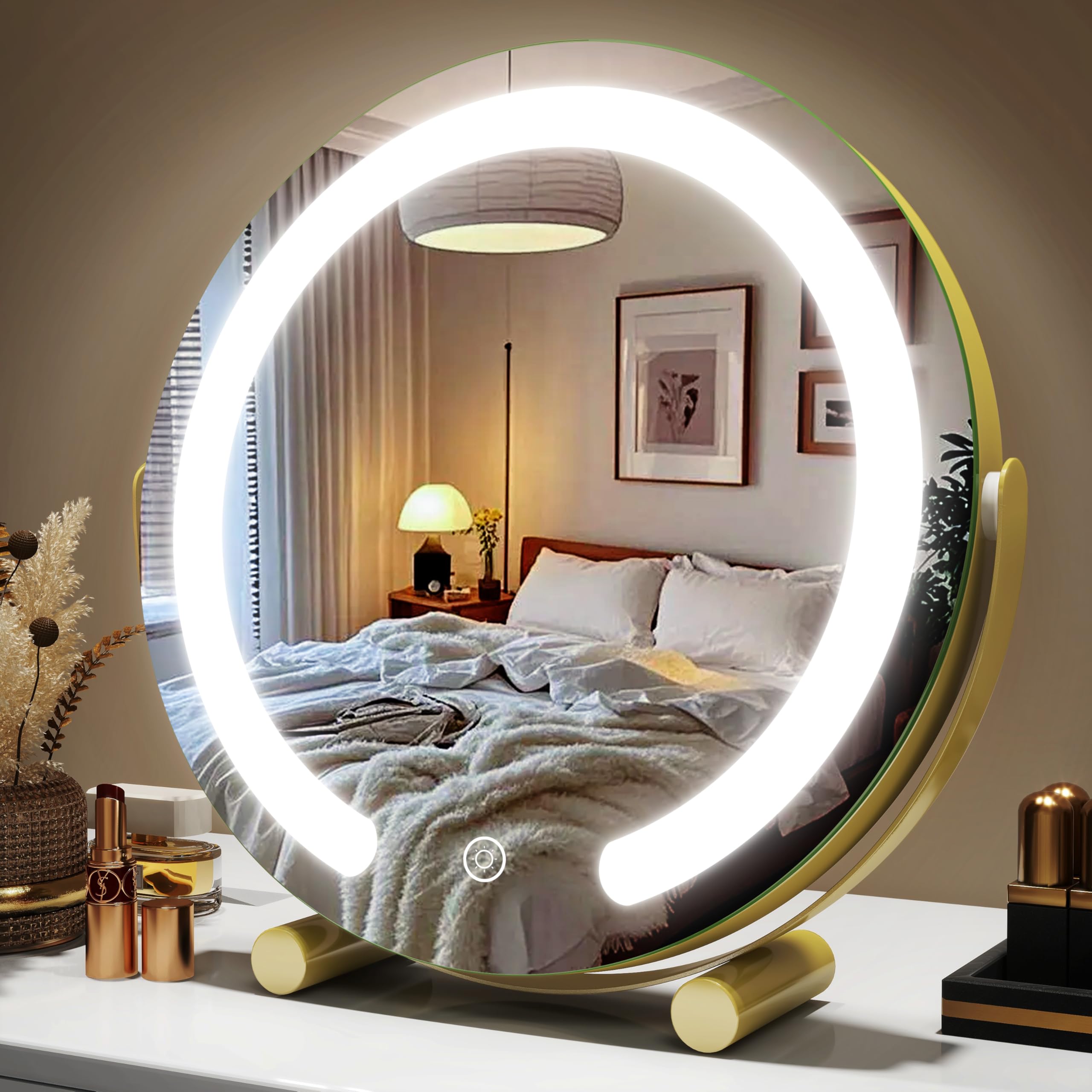 ROLOVE Gold Vanity Mirror with Lights, 12 Inch 3-Color Dimmable Smart Touch Makeup Mirror for Desk, 360° Rotation Tabletop Lighted Mirror for Bedroom,