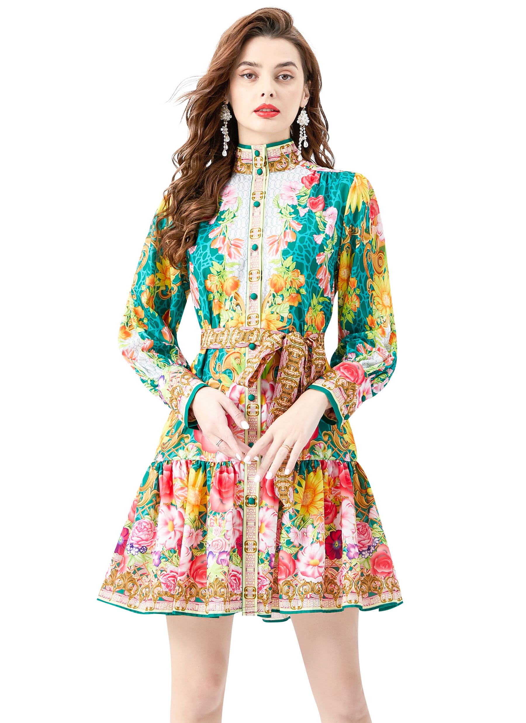 LAI MENG FIVE CATSWomen's Casual Floral Print Button up Lantern Sleeve Ruffle Mini Dress