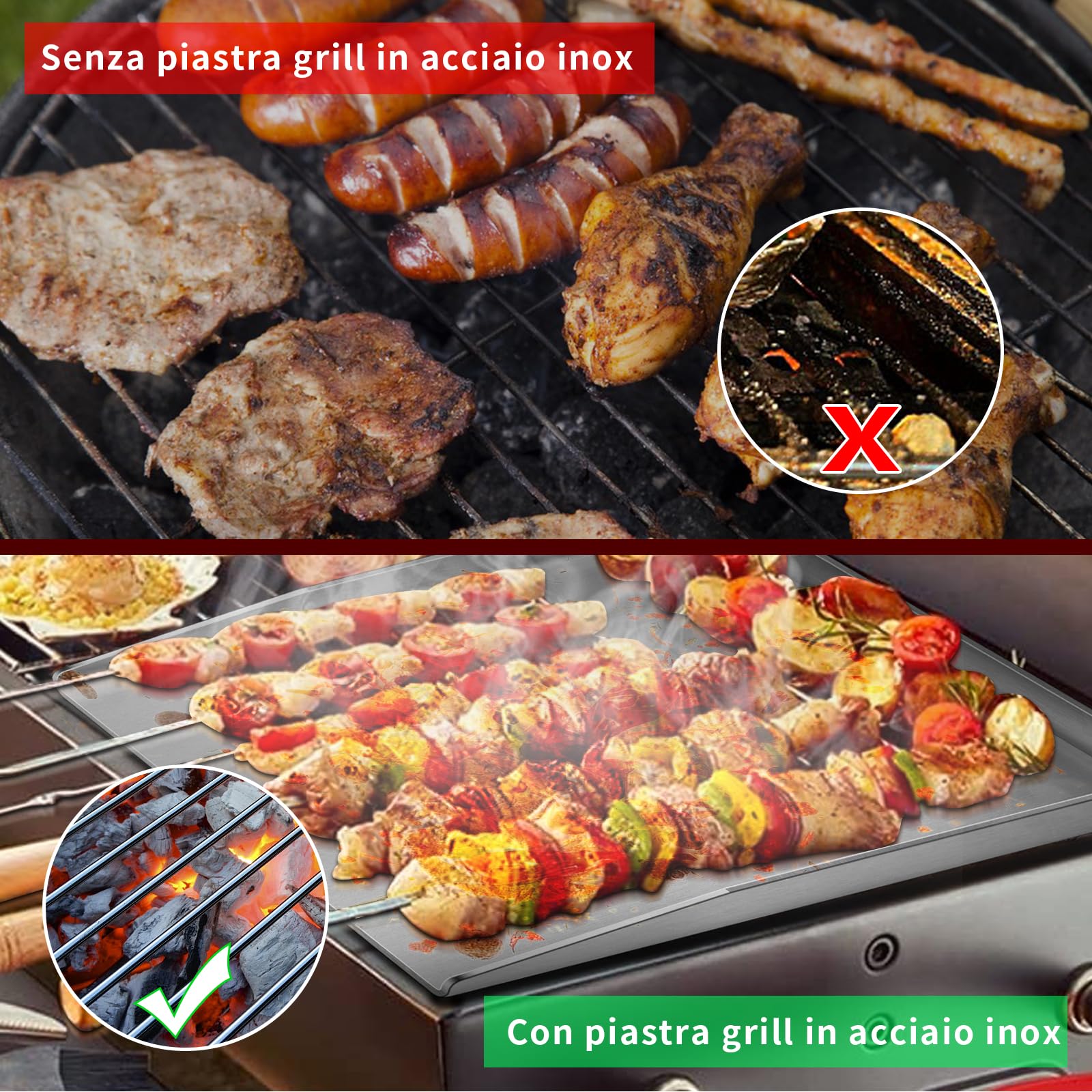 Piastra universale Plancha in acciaio inox, 27 x 20 cm, universale, adatta per barbecue a gas Weber e barbecue a carbonella, rettangolare, massiccia