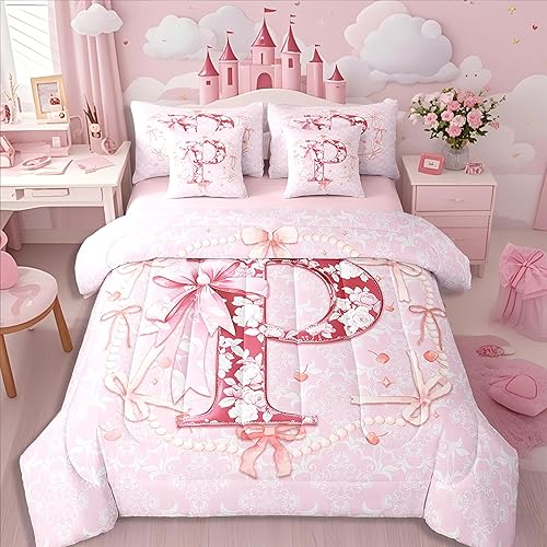 Erosebridal 7Pcs Floral Bow Bedding Full Size Initial Flower Coquette Bow Comfor