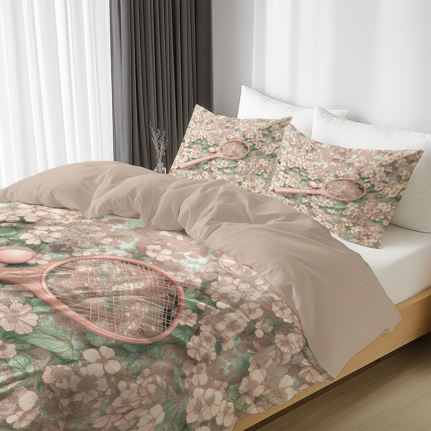 Miękka pościel King Size 229 x 221 cm – różowo-zielone kwiaty vintage rakieta tenisowa poszewka na kołdrę, dwustronna poszewka na kołdrę i 2 poszewki na poduszki, ultramiękki i oddychający zestaw