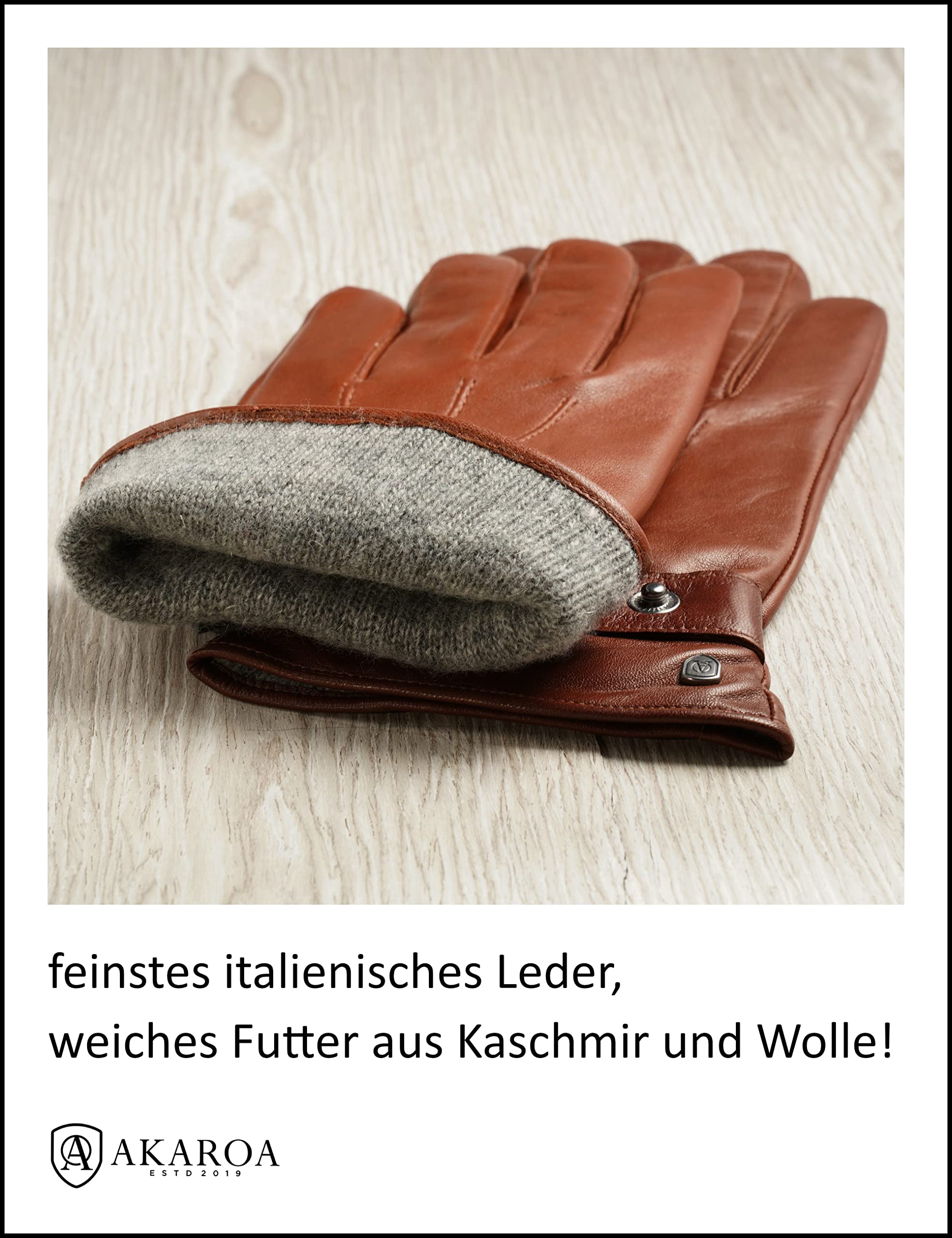 AKAROA ESTD 2019 Guanti in pelle da uomo RON, funzione touchscreen, pelle italiana, fodera in maglia riciclata 50% cashmere e 50% lana, 5 taglie S - XXL