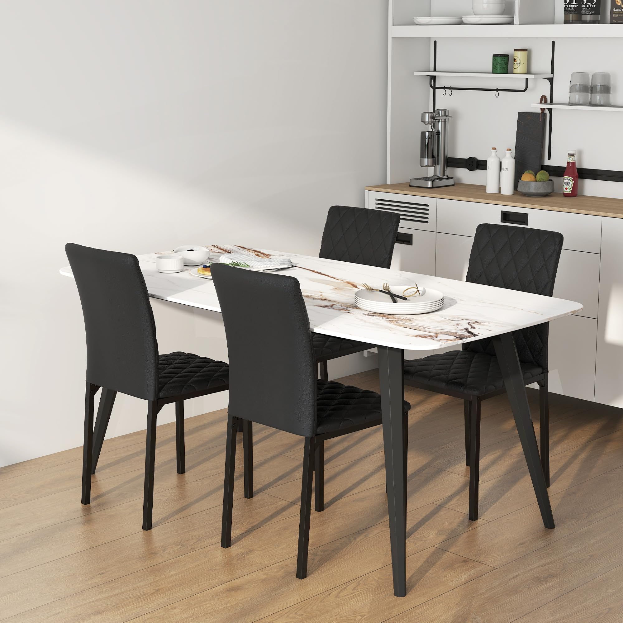 HOMCOM Pack de 4 Sillas de Comedor Modernas Respaldo Alto Negro | Sillas de Cocinas Modernas, Costuras Decorativas de Diamantes, Tapizadas en Cuero Sintético, Patas de Acero, Carga 120 kg