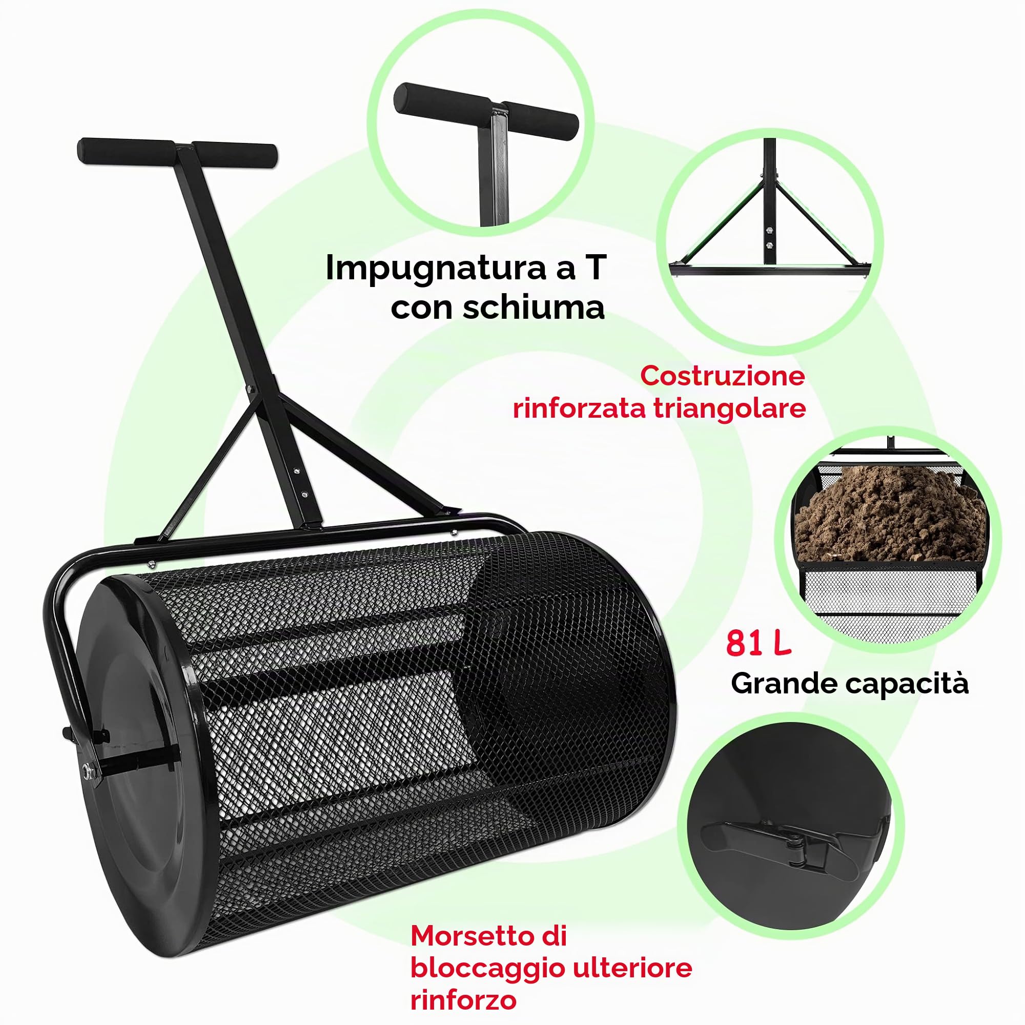 NAIZY Spargitore di compost 40x65x110cm riempibili Spargitore di prato in acciaio da 81 litri Spargitore di fertilizzante con manico in spugna Spargitore di semi multiuso per compost fertilizzante