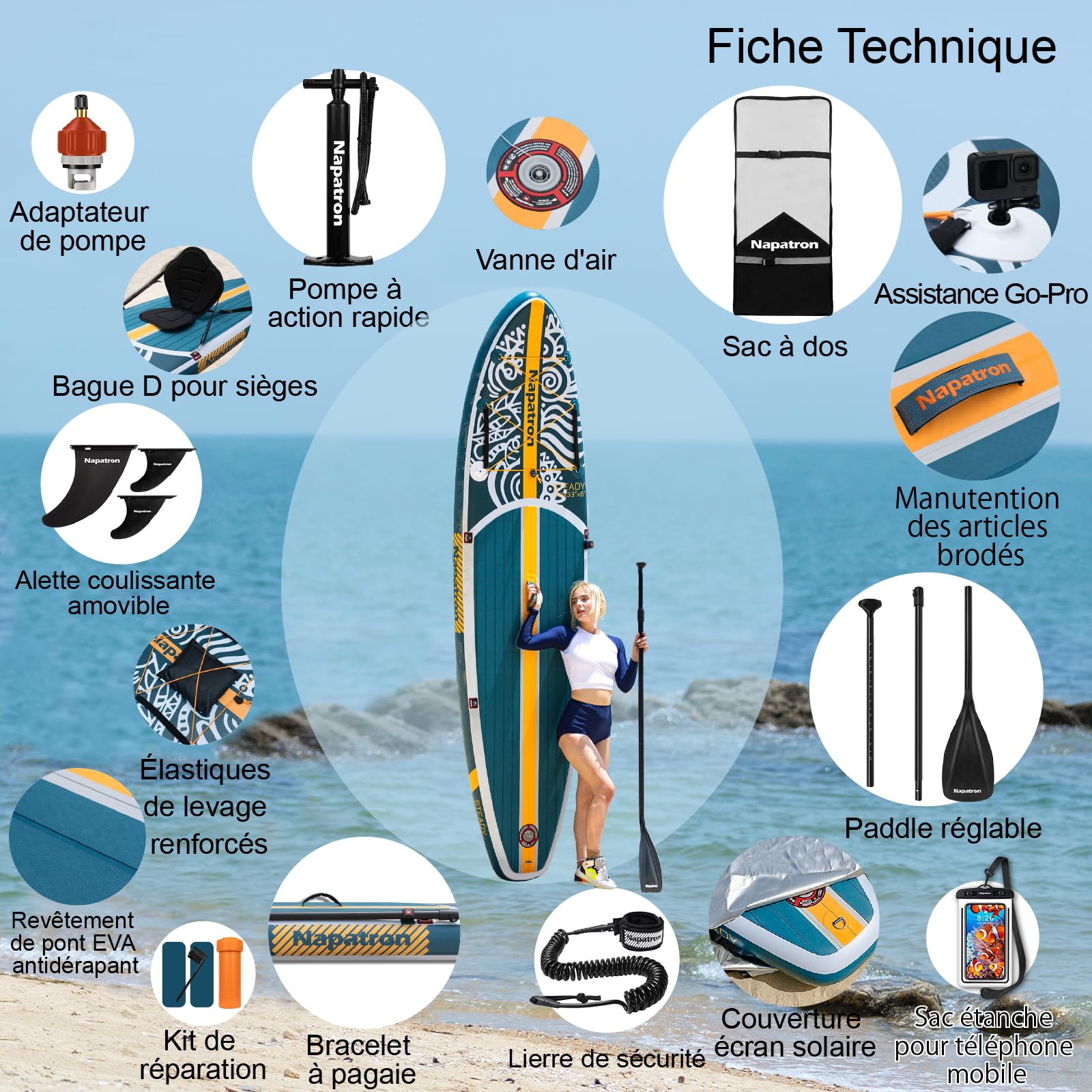 Napatron Planche à pagaie gonflable, 3 m, ultra légère avec pagaie réglable, pont antidérapant, laisse enroulée et sac de transport, planche à pagaie stable tout autour pour adultes