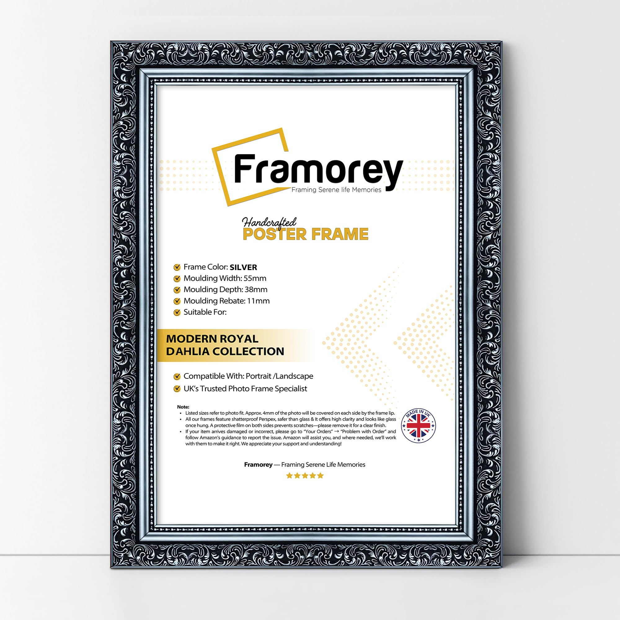 FRAMOREY Dahlia Ornate Effect Picture Frame, A4 Size Silver Photo Frame, Traditional Wall Art Poster Frames, Photo Print Frame